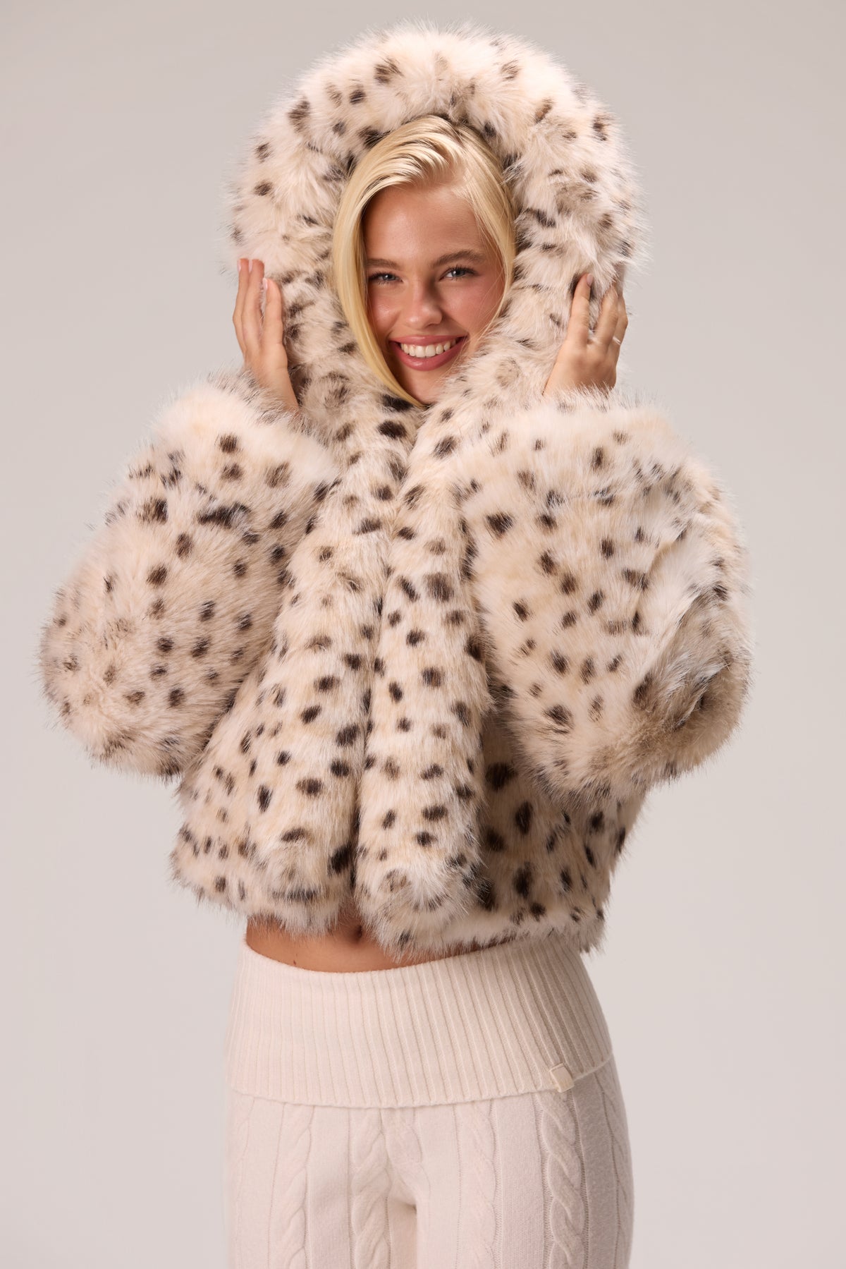 Cropped Hooded Fur Jacket in Snow Leopard - 1
