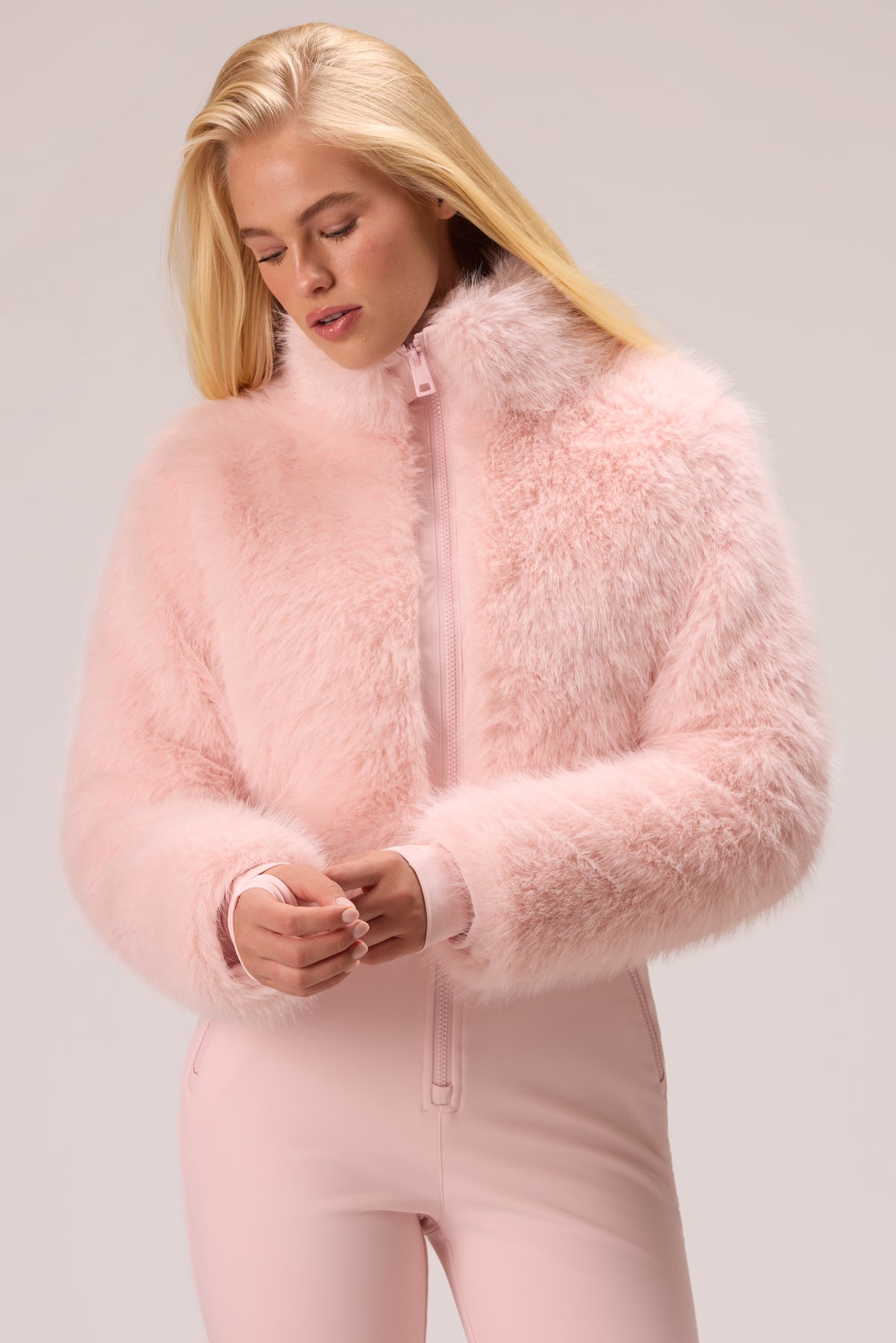 Faux Fur Ski Suit in Powder Pink