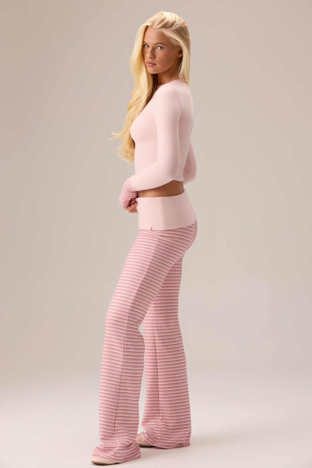 Plush Jersey Wide-Leg Trousers in Berry Stripe