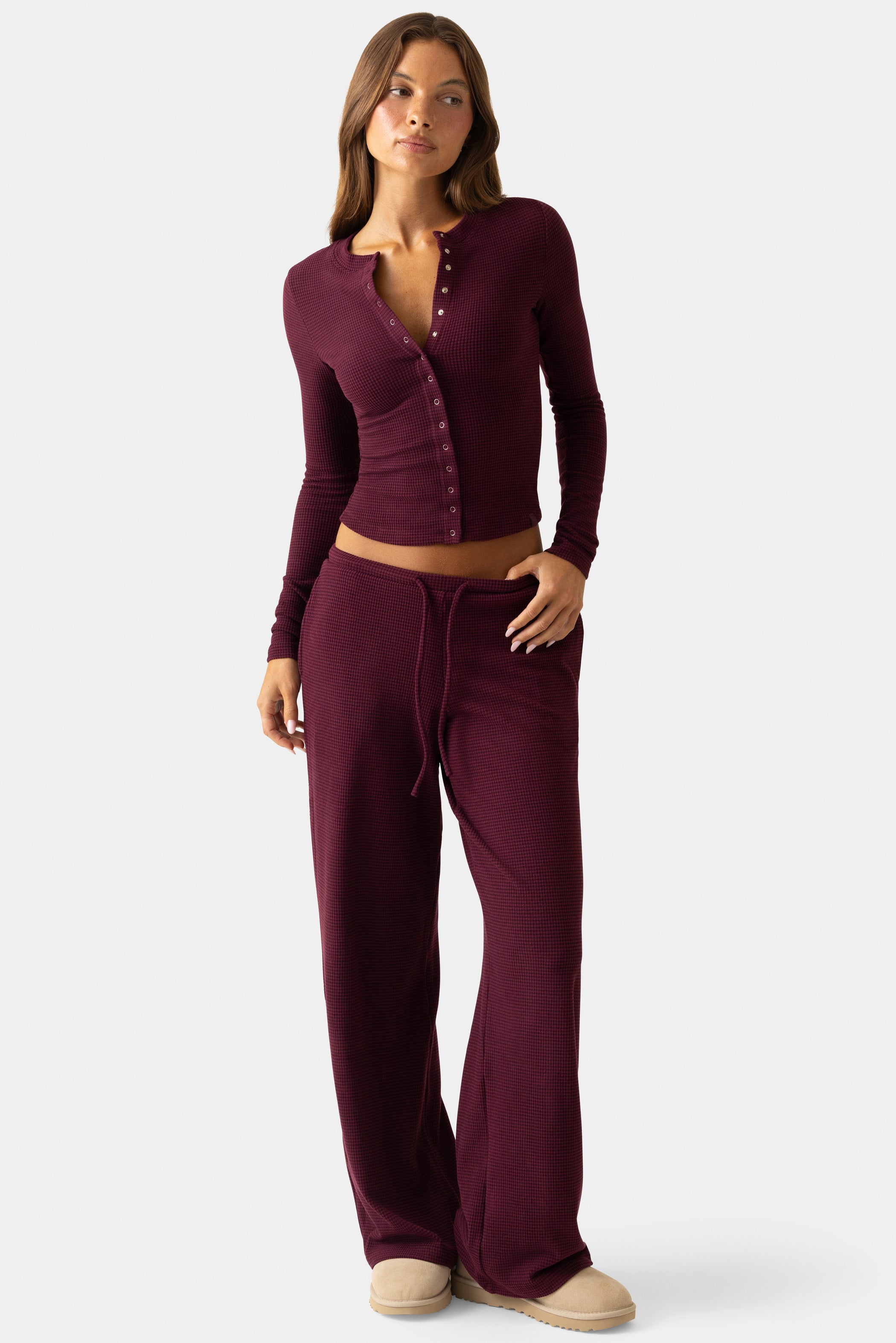 Ribbed Jersey Crewneck Cardigan  in Burgundy