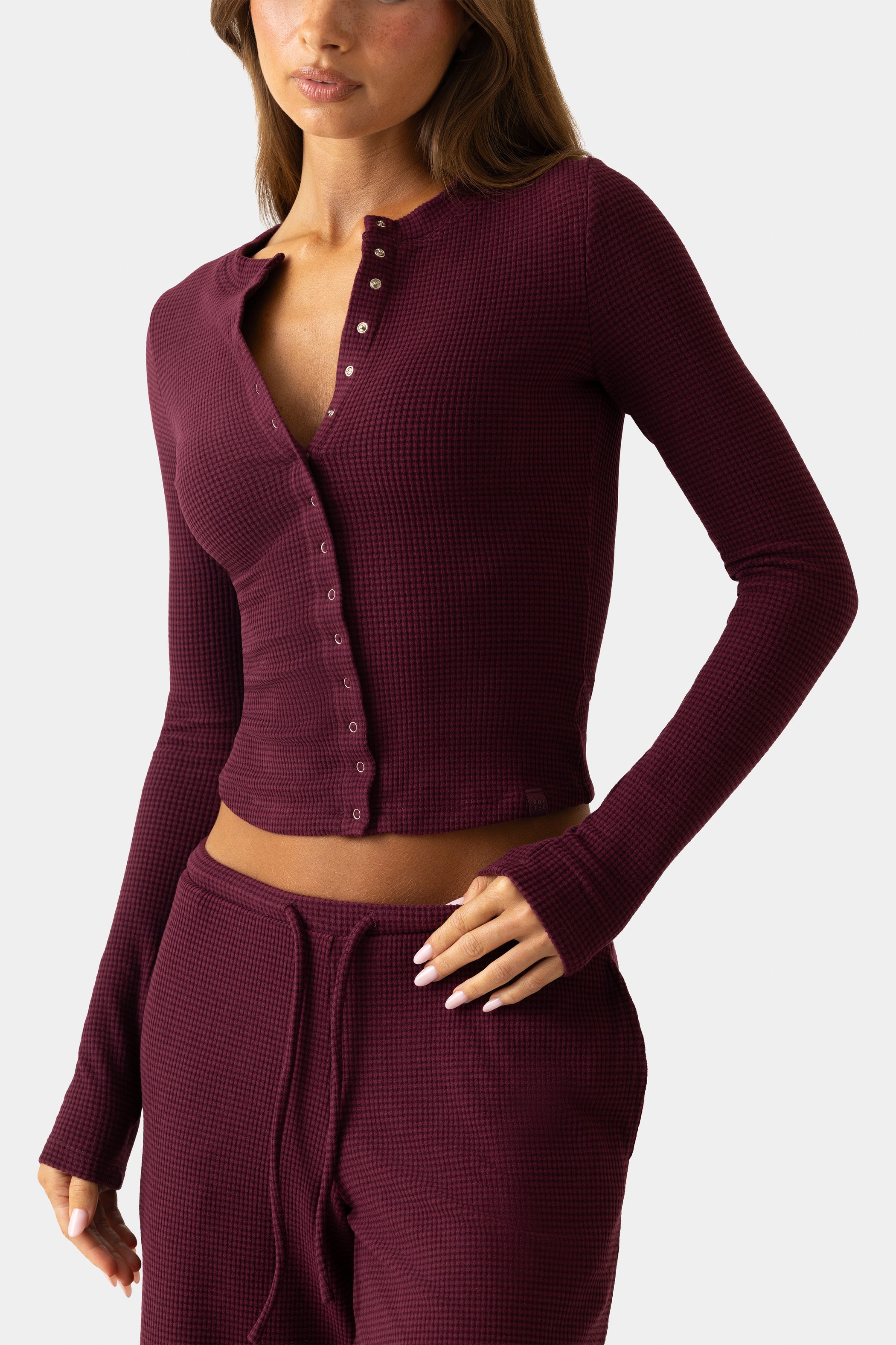 Ribbed Jersey Crewneck Cardigan  in Burgundy