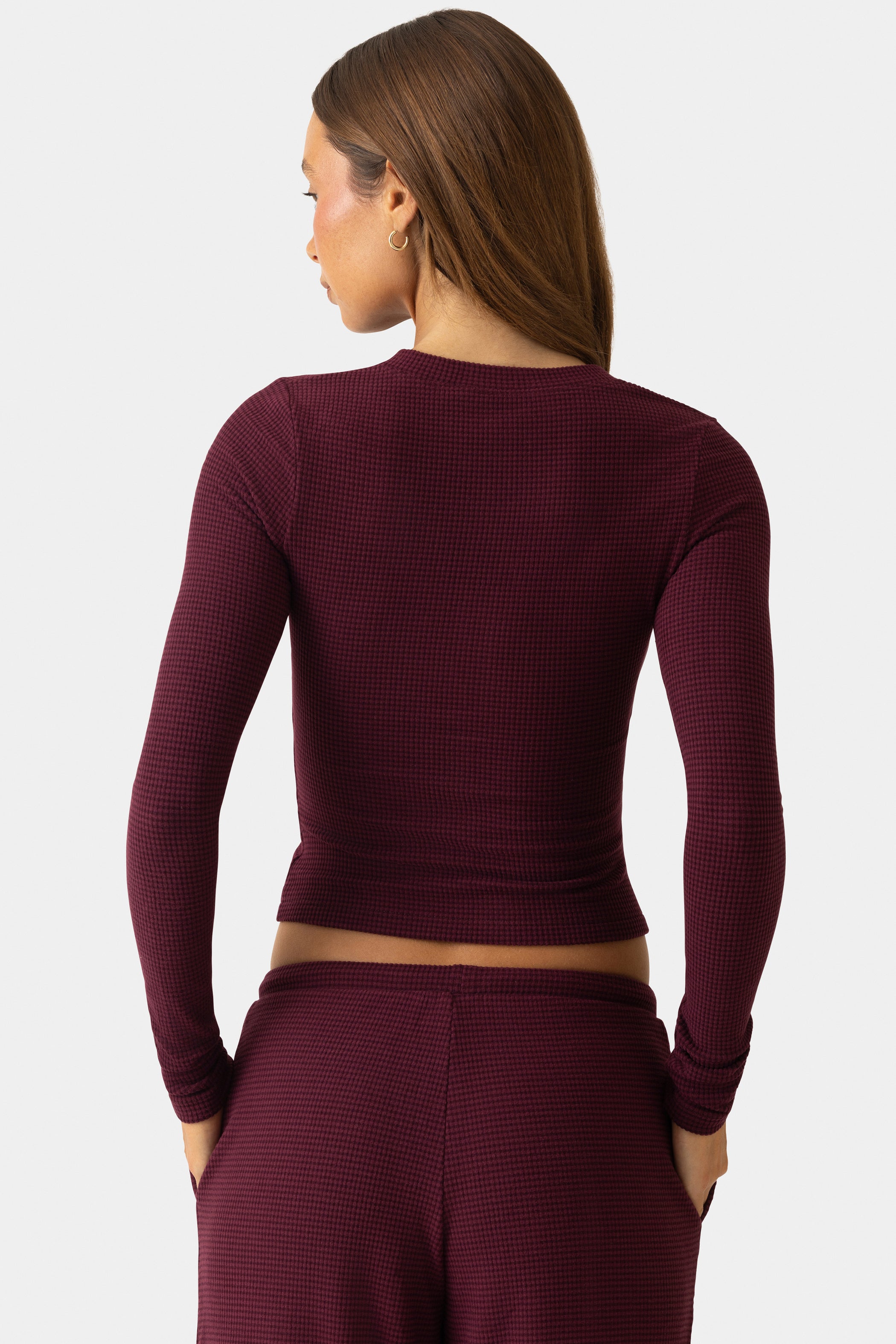 Ribbed Jersey Crewneck Cardigan  in Burgundy