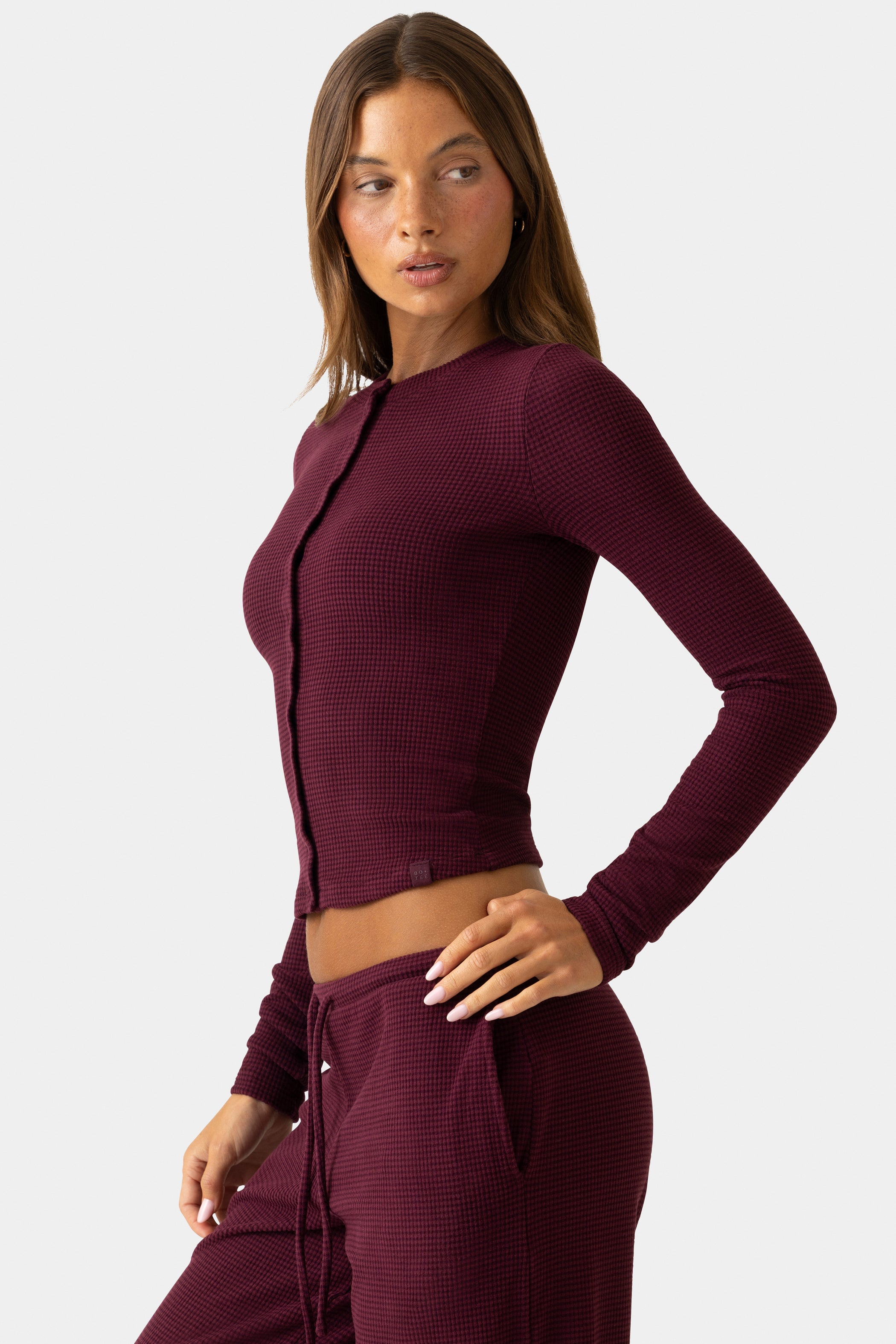 Ribbed Jersey Crewneck Cardigan  in Burgundy