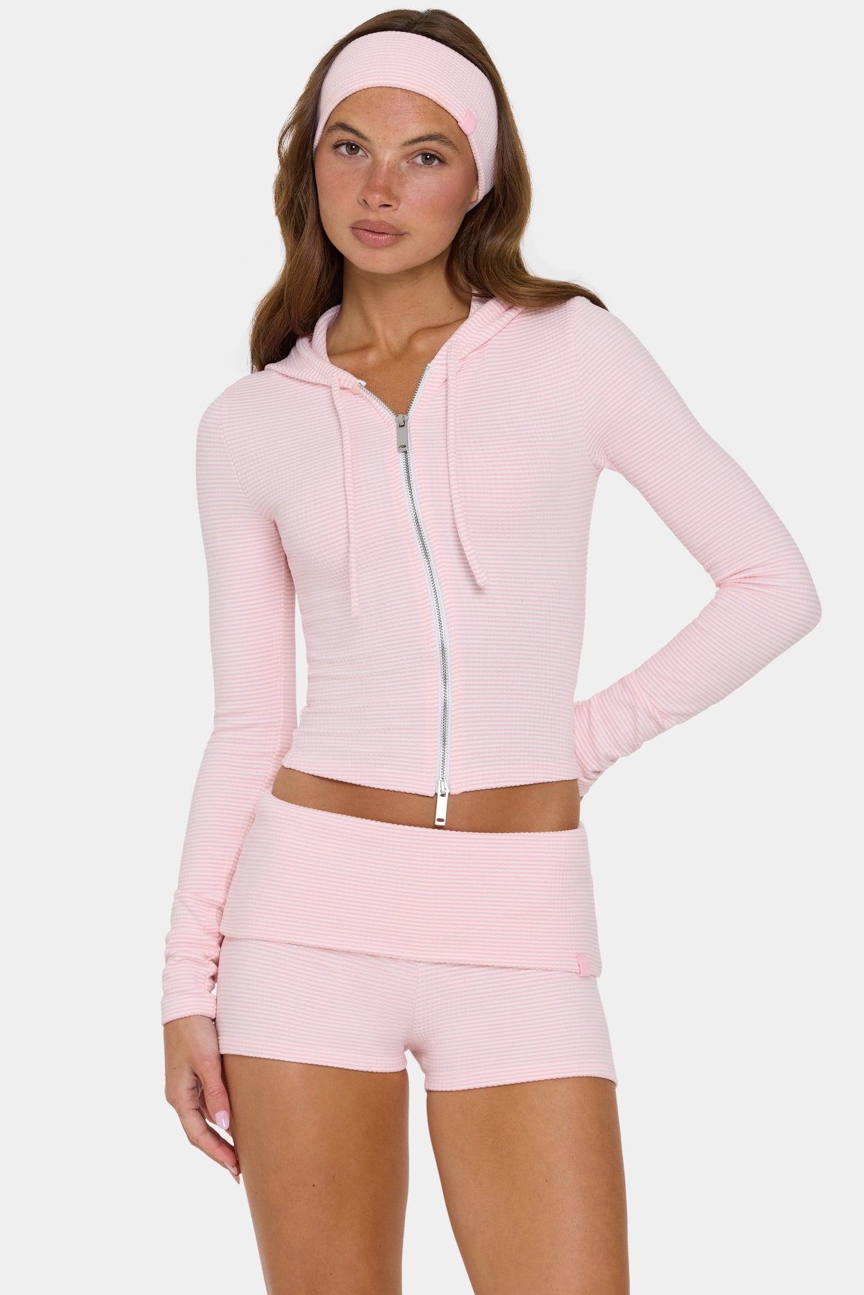 Ribbed Jersey Cropped Hoodie in Peach Stripe - 1