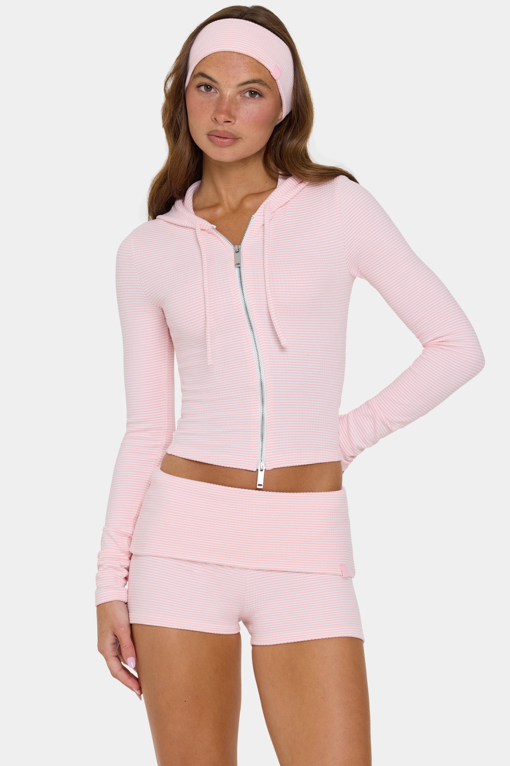 Ribbed Jersey Cropped Hoodie in Peach Stripe - 1