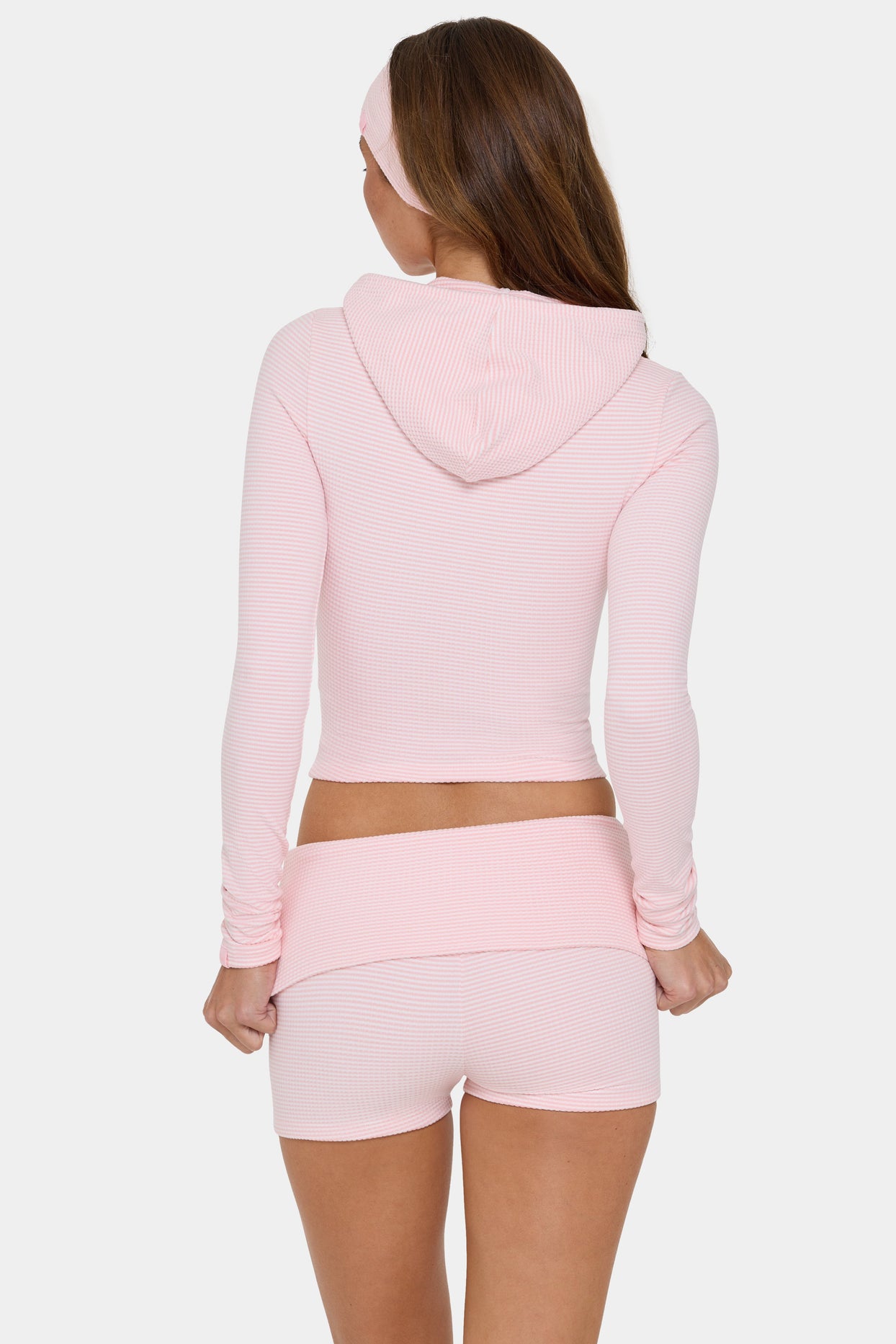 Ribbed Jersey Cropped Hoodie in Peach Stripe - 4