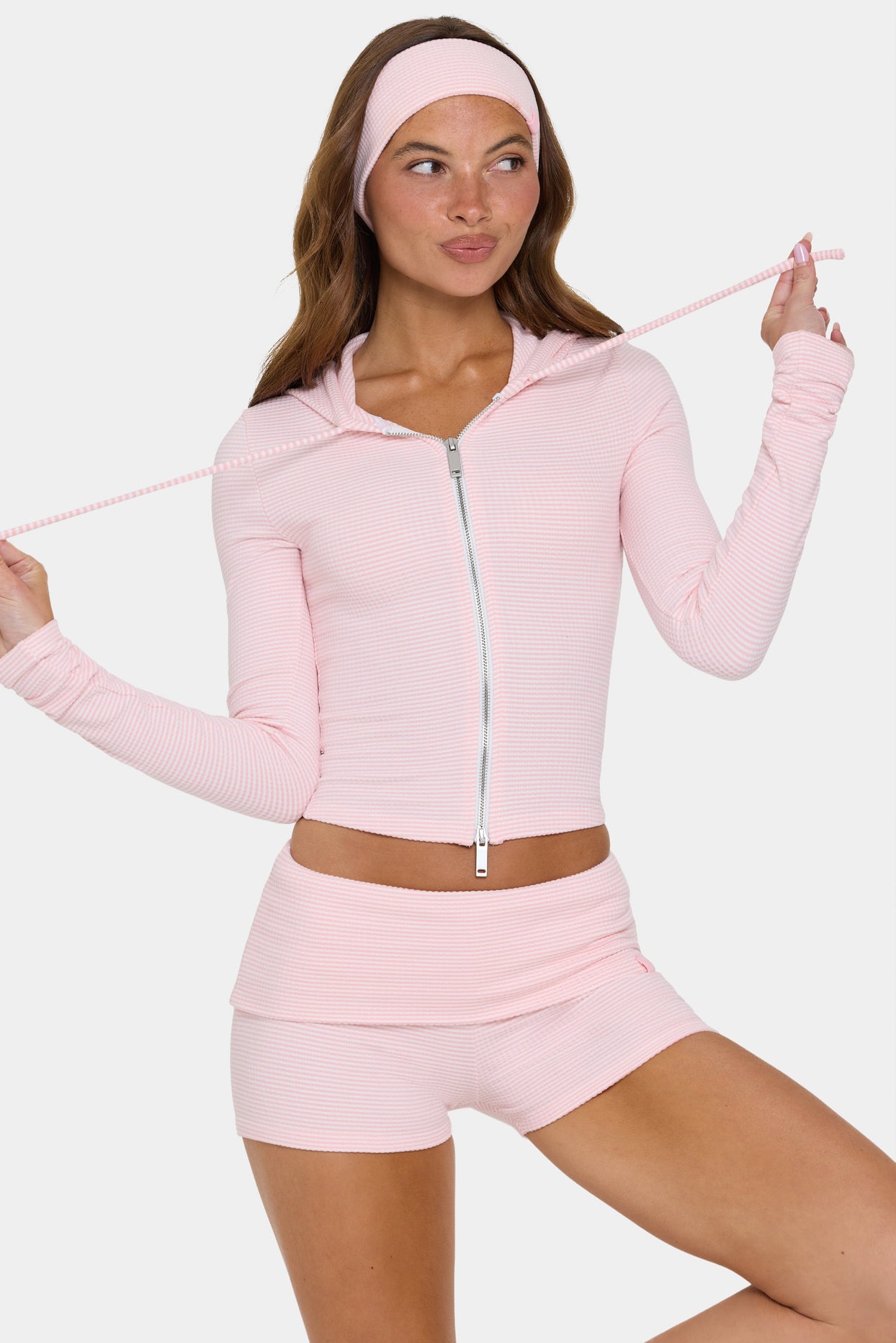 Ribbed Jersey Cropped Hoodie in Peach Stripe - 6