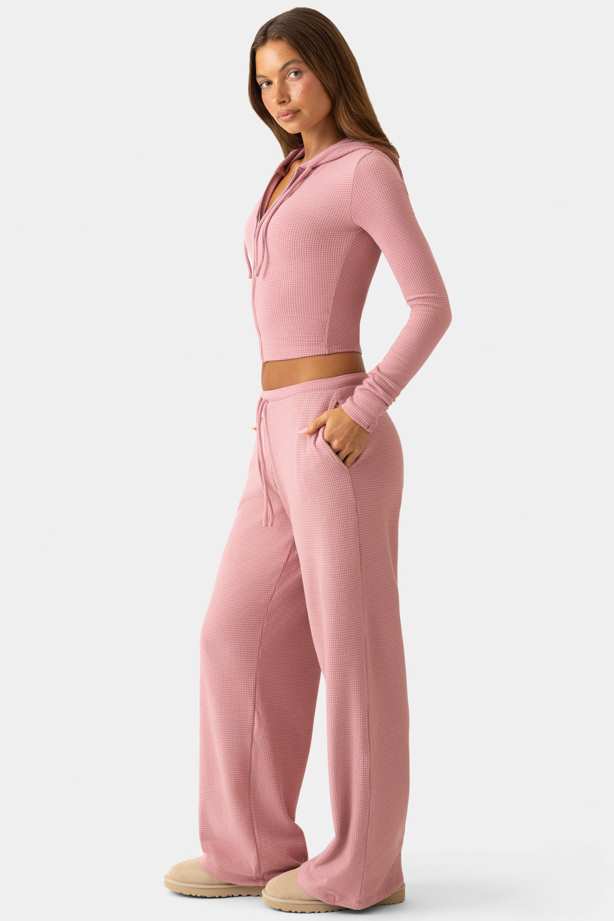Ribbed Jersey Low-Rise Trousers in Berry