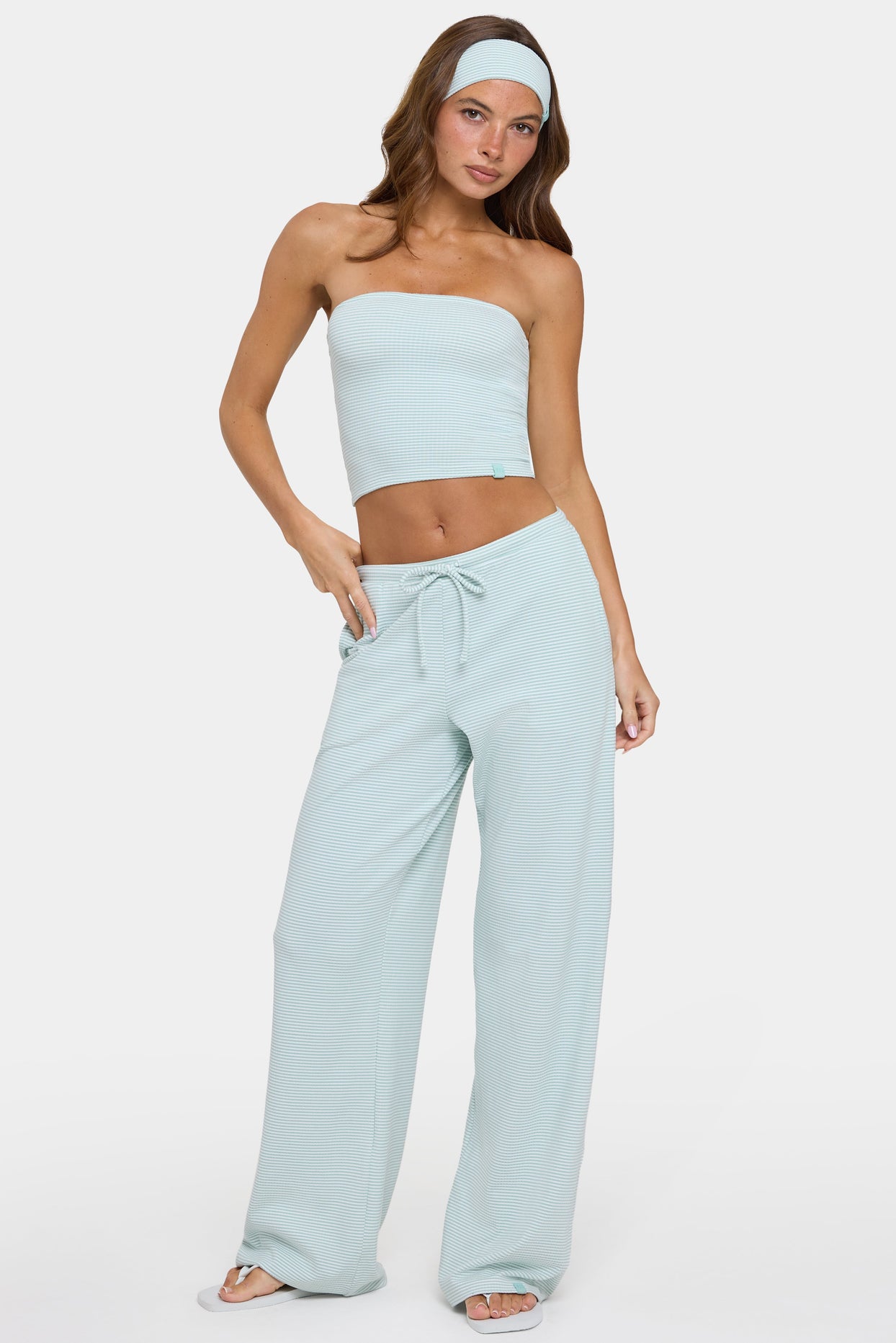 Ribbed Jersey Low-Rise Trousers in Mint Stripe - 6