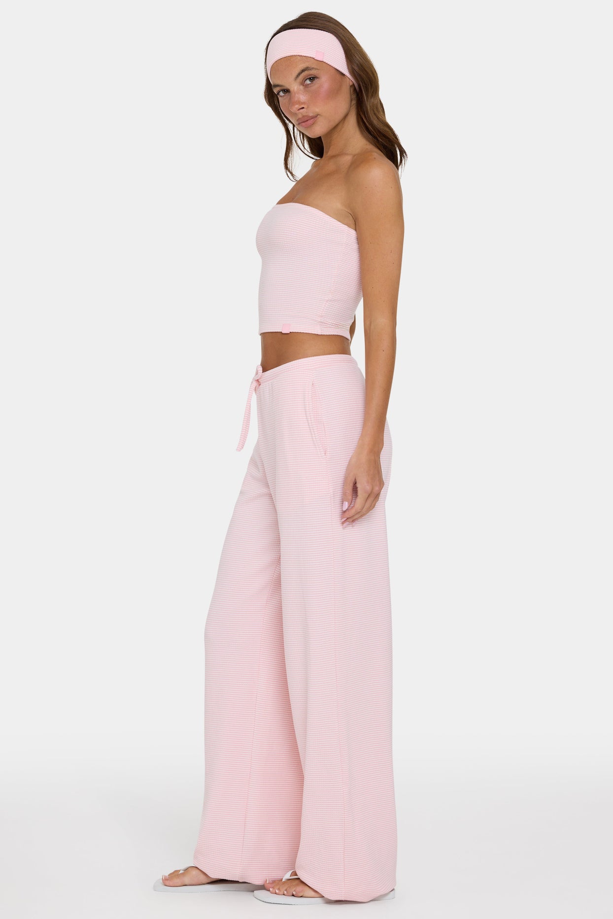 Ribbed Jersey Low-Rise Trousers in Peach Stripe - 4
