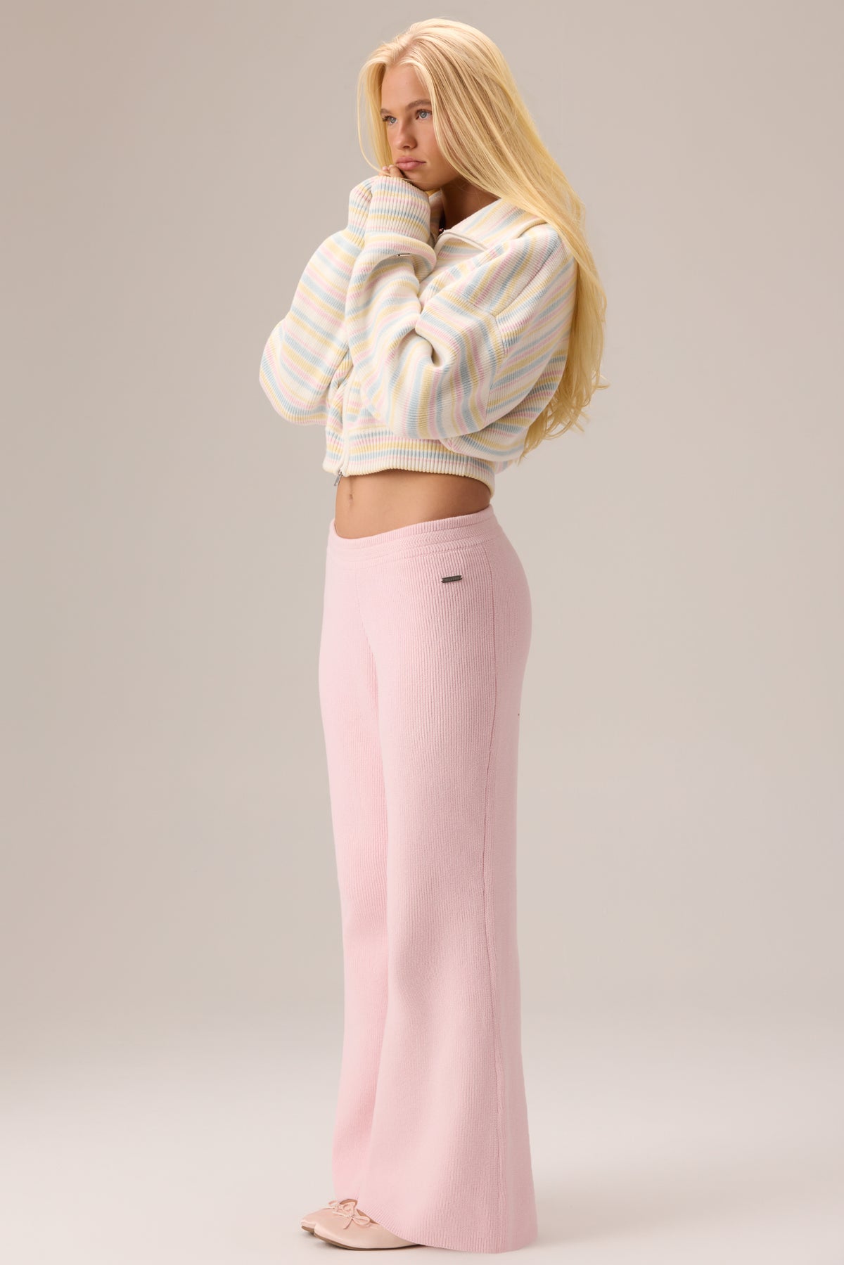 Ribbed Knit Zip-Up Sweatshirt in Confetti Stripe