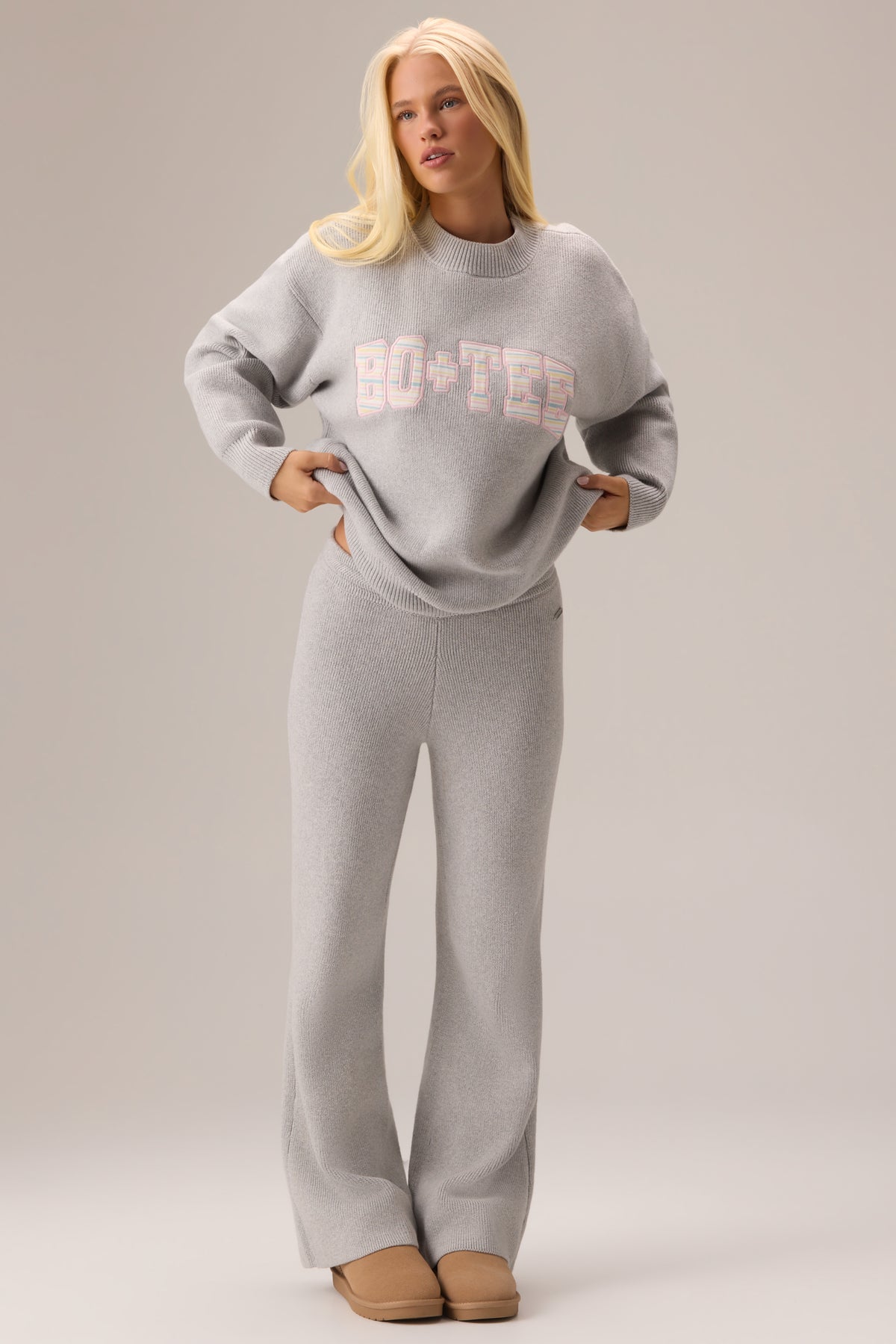 Ribbed Knit Oversized Jumper in Pebble - 2