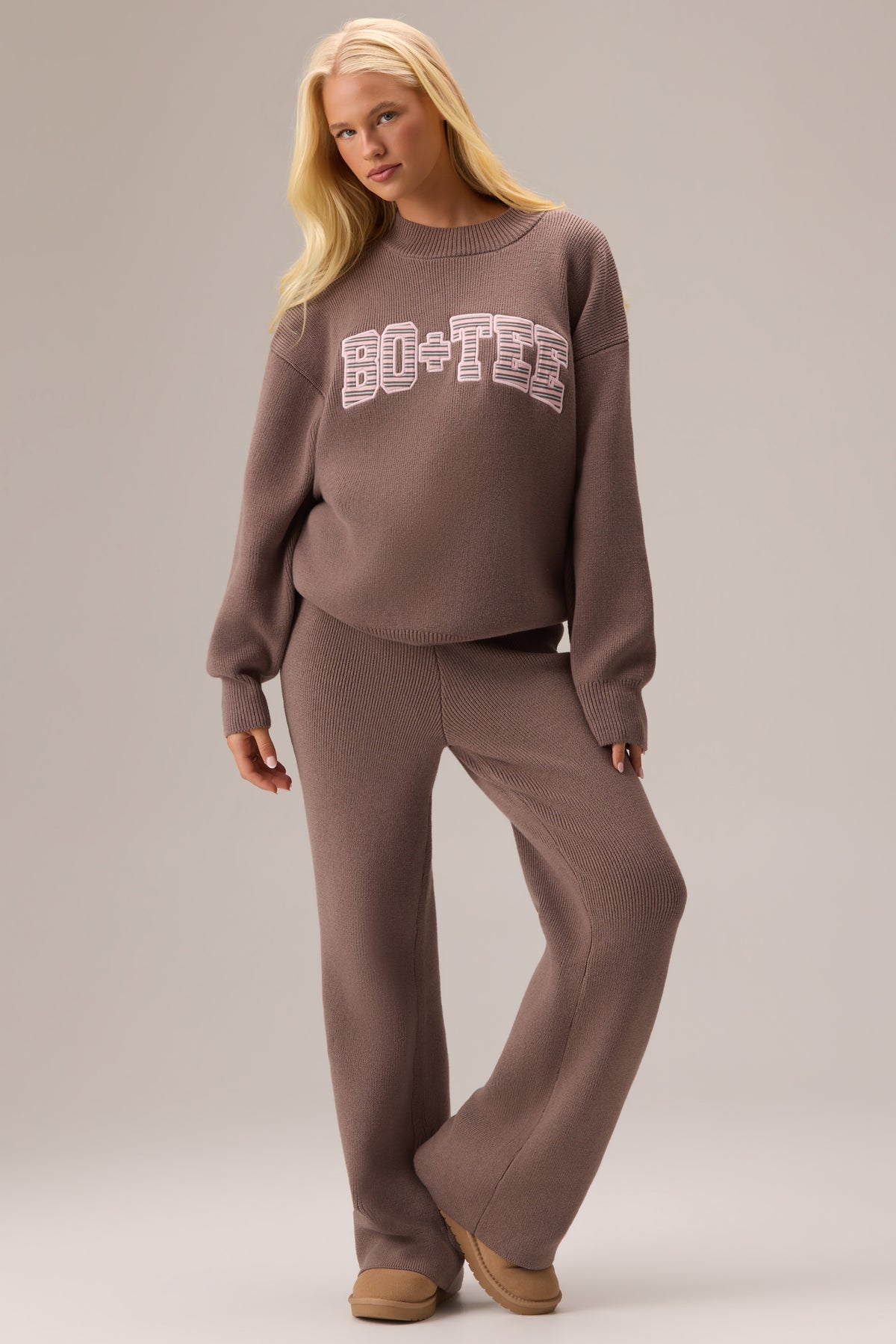 Ribbed Knit Wide-Leg Joggers in Chestnut - 1