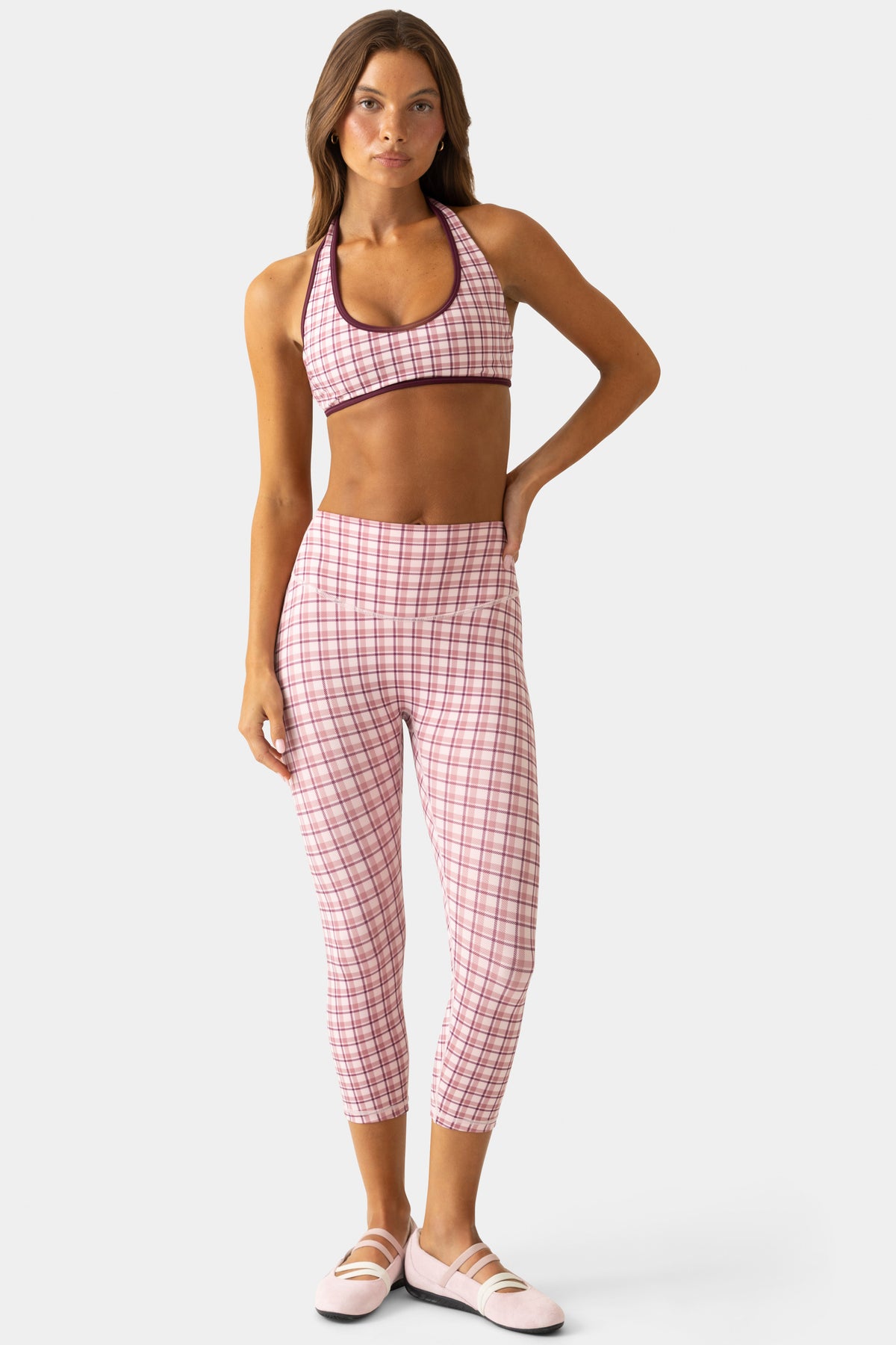 Soft Active Capri Leggings in Berry Plaid