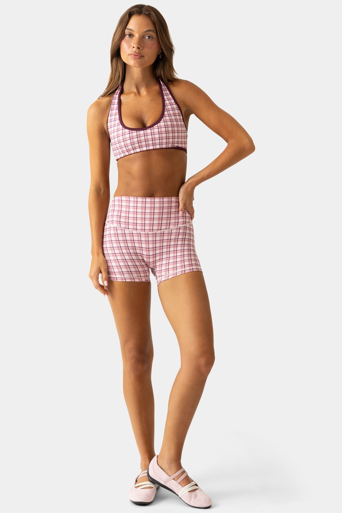 Soft Active Mini Shorts in Berry Plaid