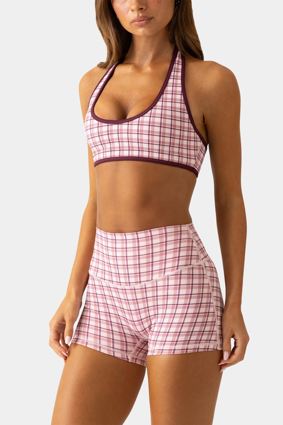 Soft Active Mini Shorts in Berry Plaid