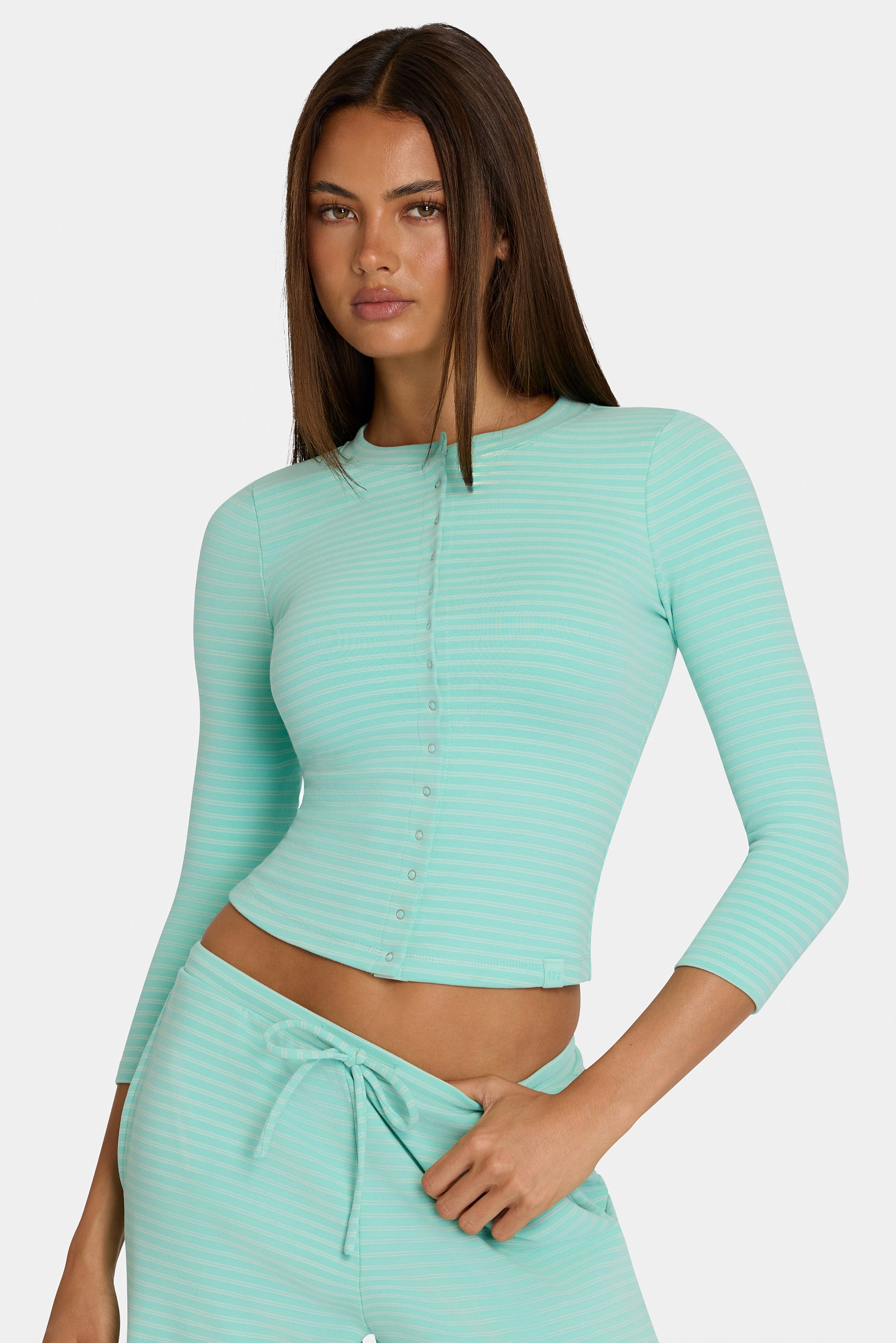 Brushed Jersey Crewneck Cardigan in Aqua Stripe - 2