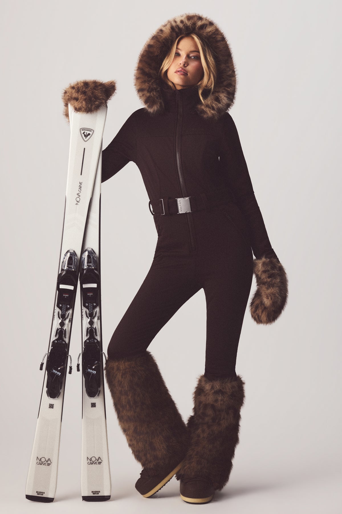 Water Resistant Fitted Ski Suit with Faux Fur Hood in Hot Cocoa - 1