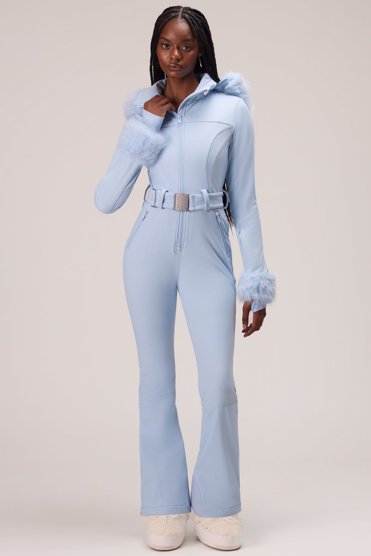 Water Resistant Fitted Ski Suit with Faux Fur Hood in Powder Blue - 1