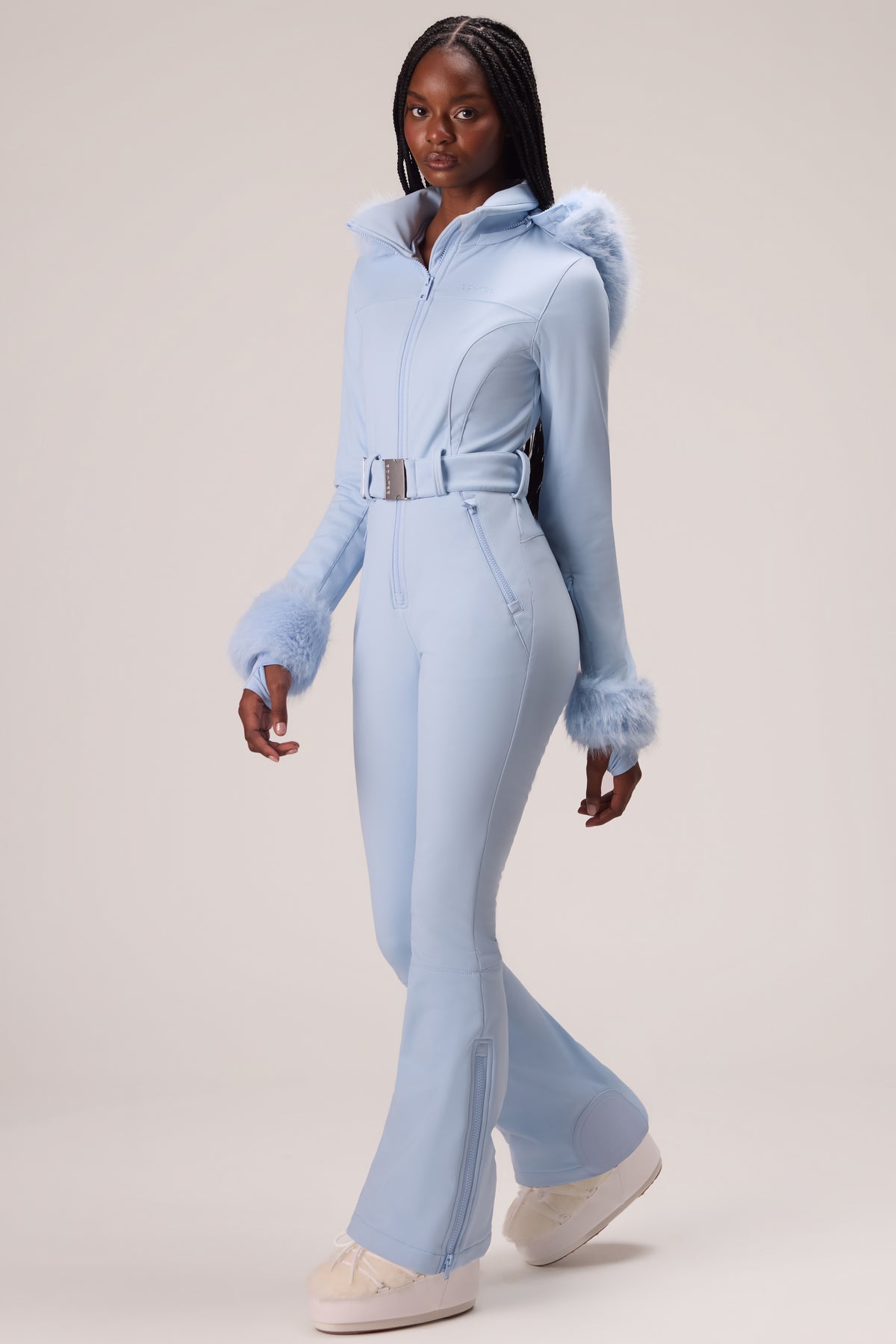 Water Resistant Fitted Ski Suit with Faux Fur Hood in Powder Blue - 2