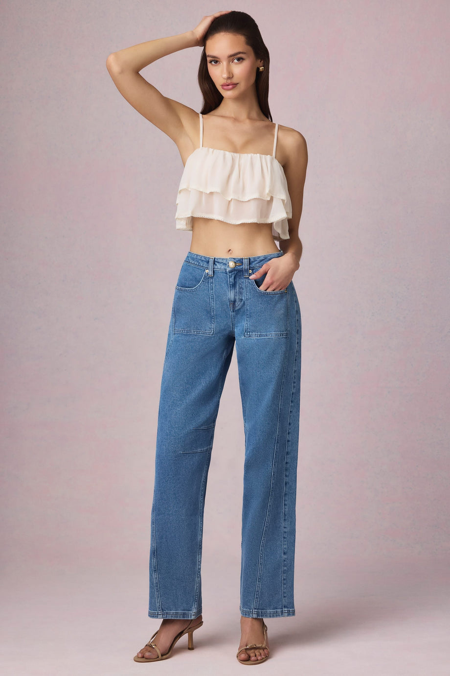 Mid-Rise Barrel-Leg Jeans in Mid-Blue Wash