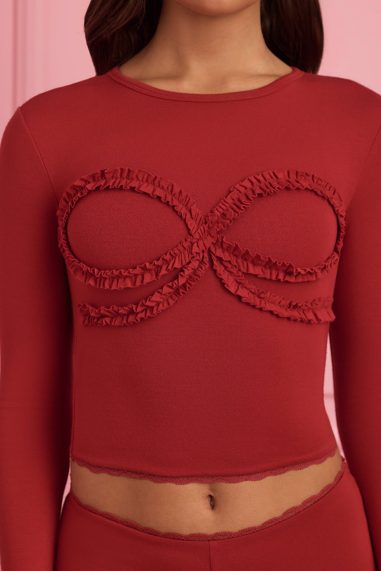 Lace-Trim Appliqué Pyjama Top in Ruby Red