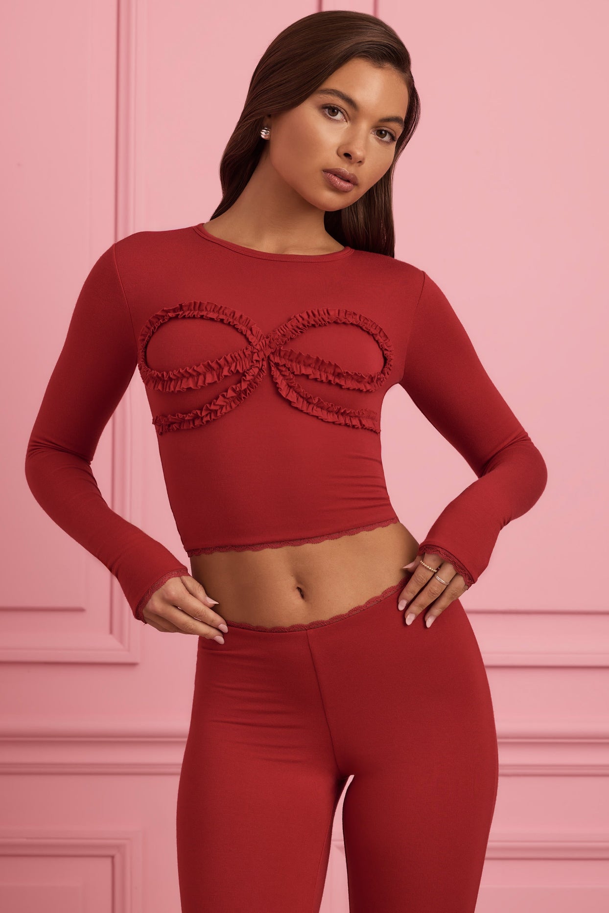 Lace-Trim Appliqué Pyjama Top in Ruby Red