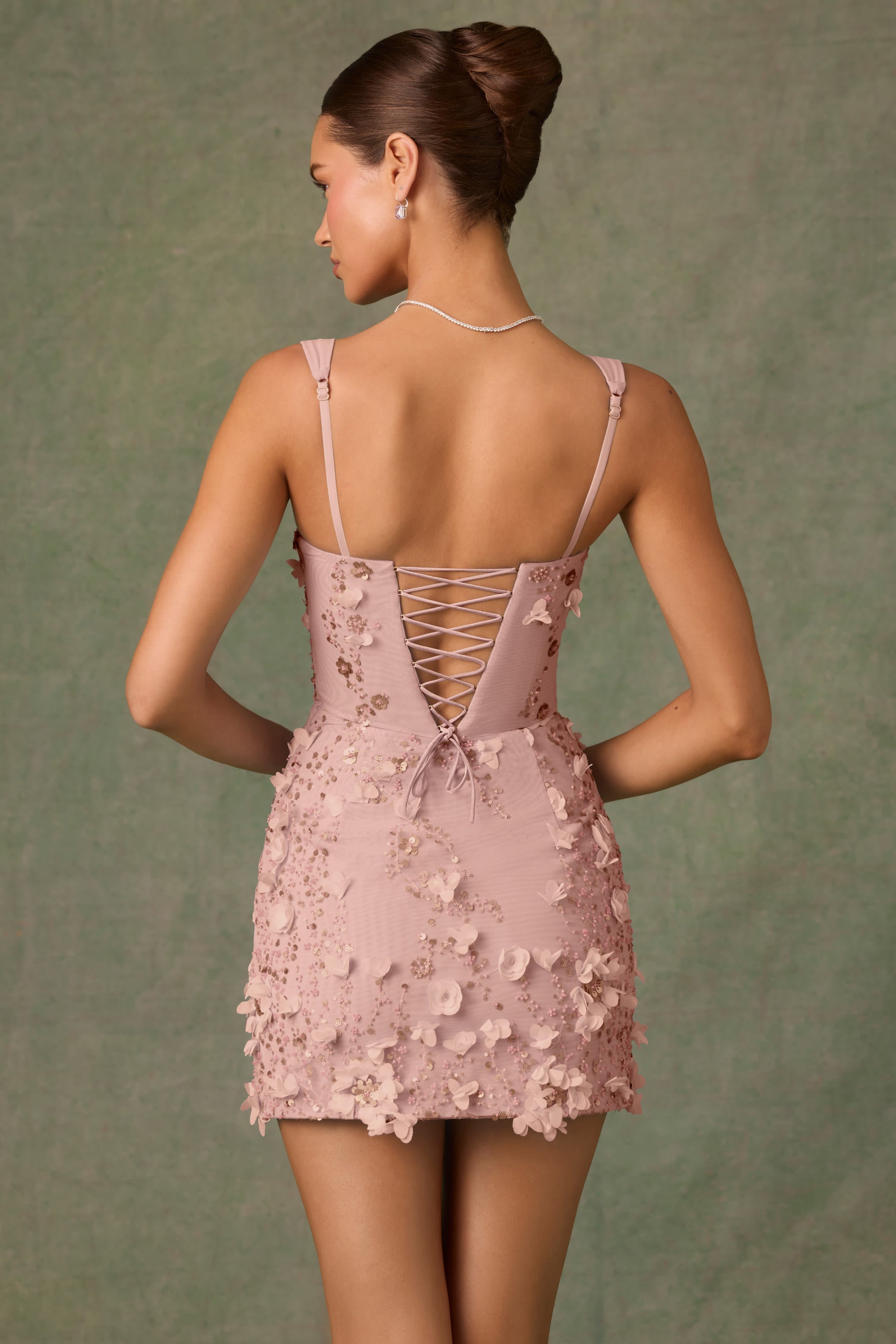 Embellished Appliqué Corset Mini Dress in Dusty Rose