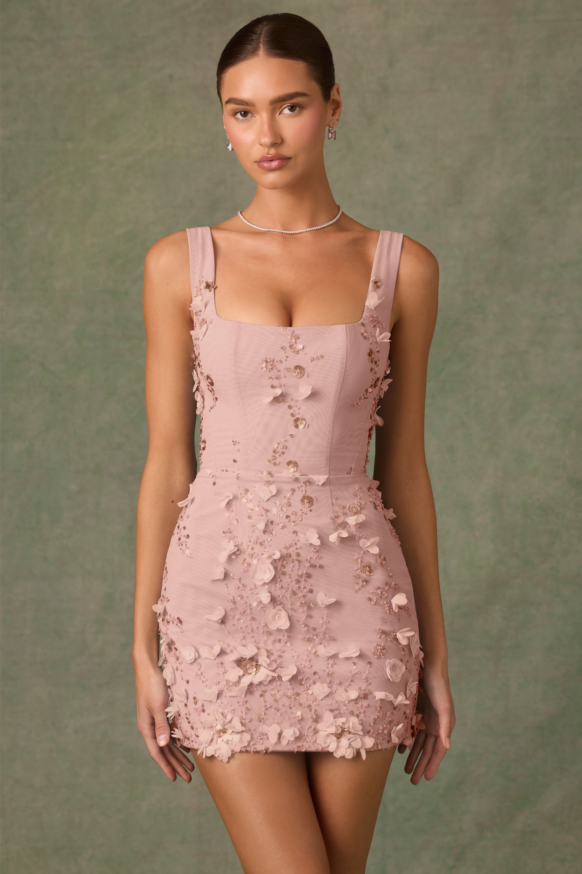 Embellished Appliqué Corset Mini Dress in Dusty Rose