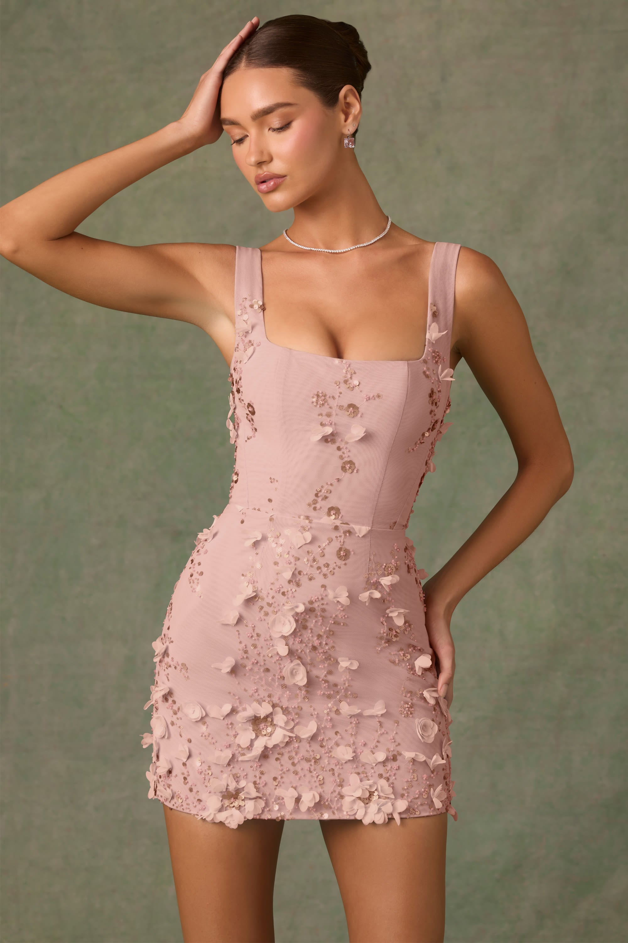 Embellished Appliqué Corset Mini Dress in Dusty Rose