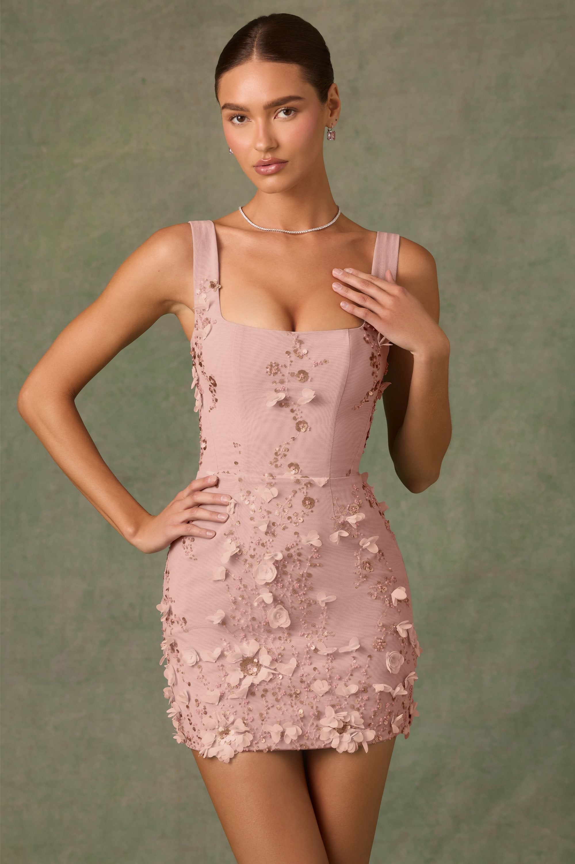 Embellished Appliqué Corset Mini Dress in Dusty Rose