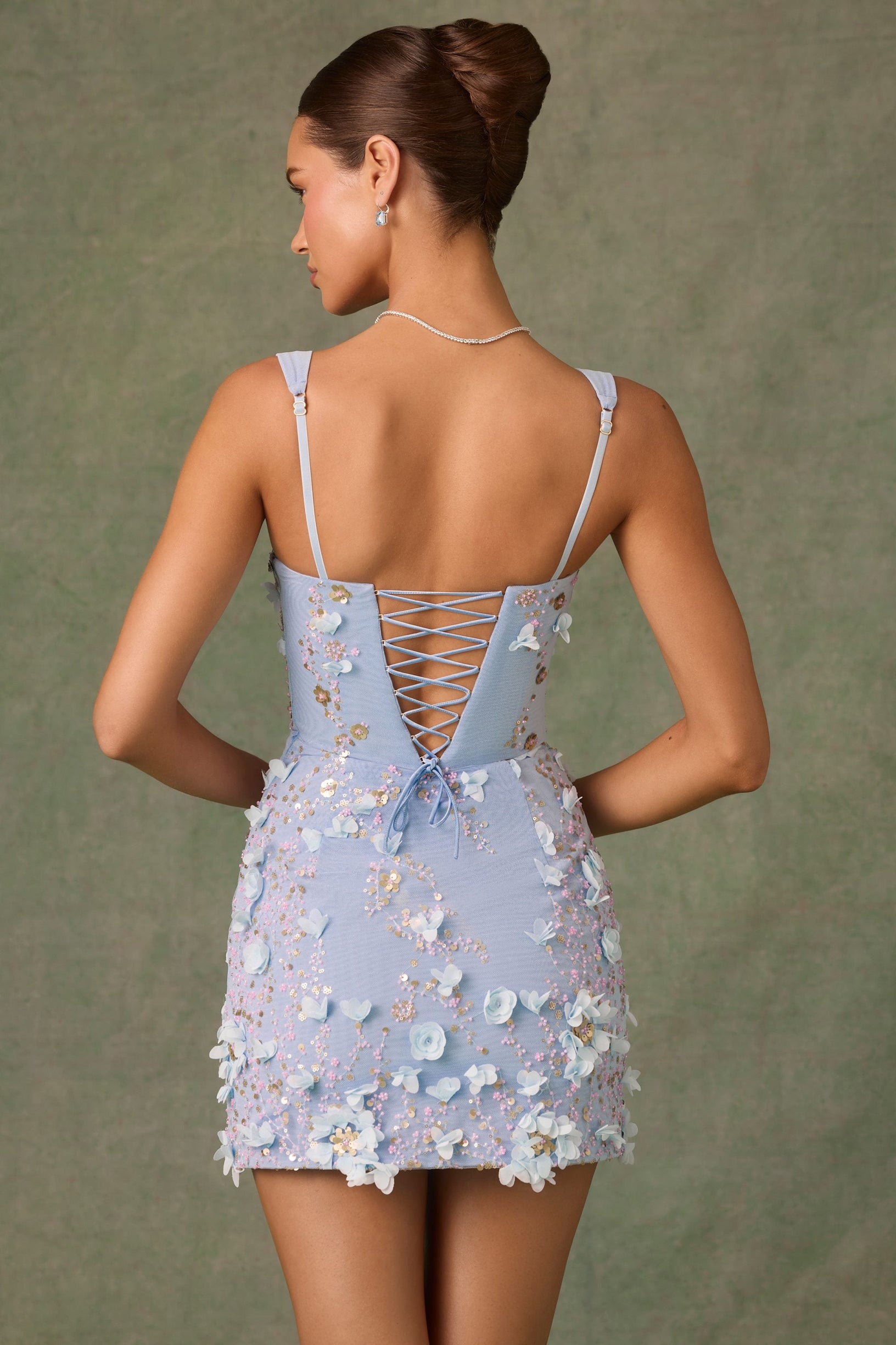 Embellished Appliqué Corset Mini Dress in Sky Blue - 2