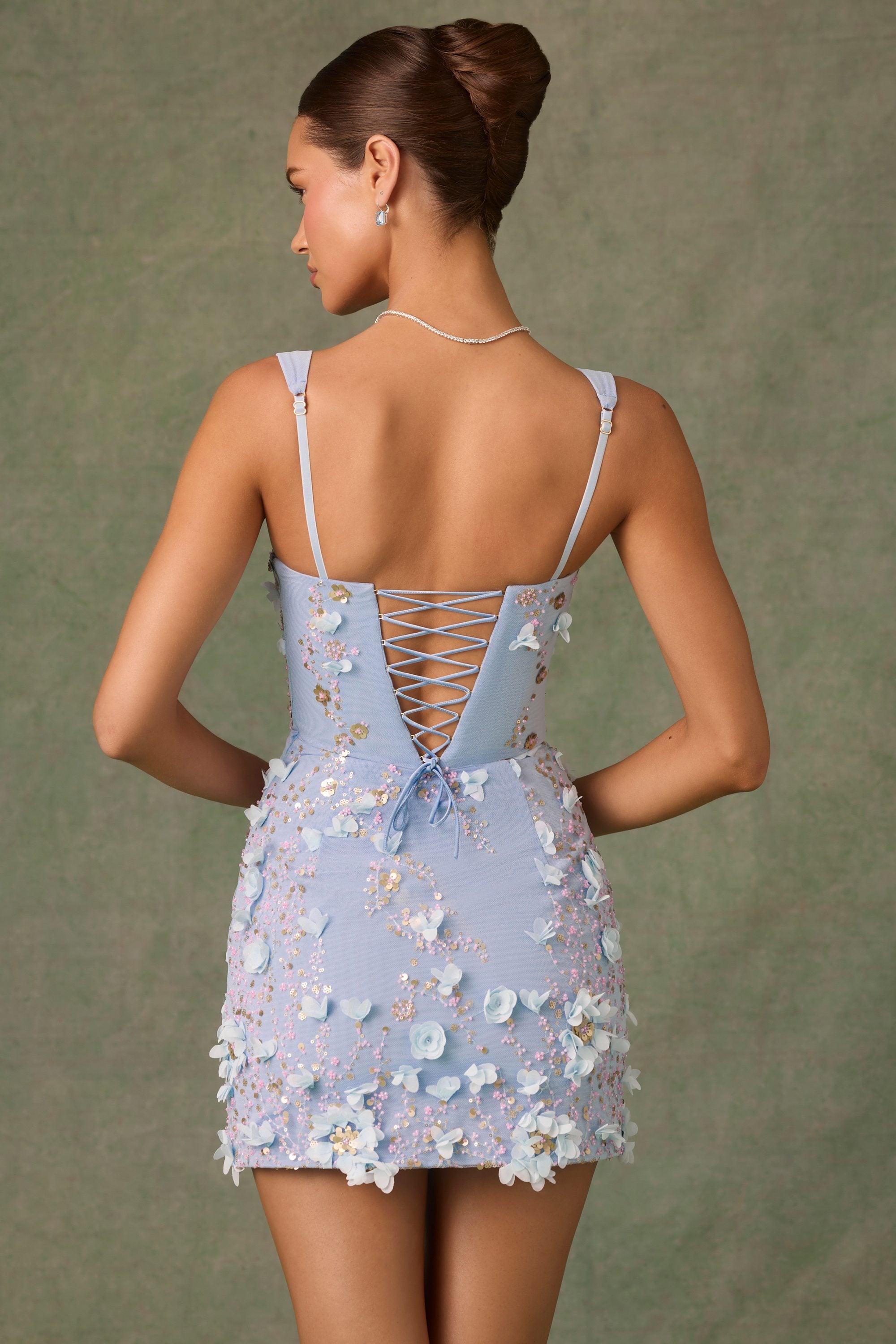 Embellished Appliqué Corset Mini Dress in Sky Blue