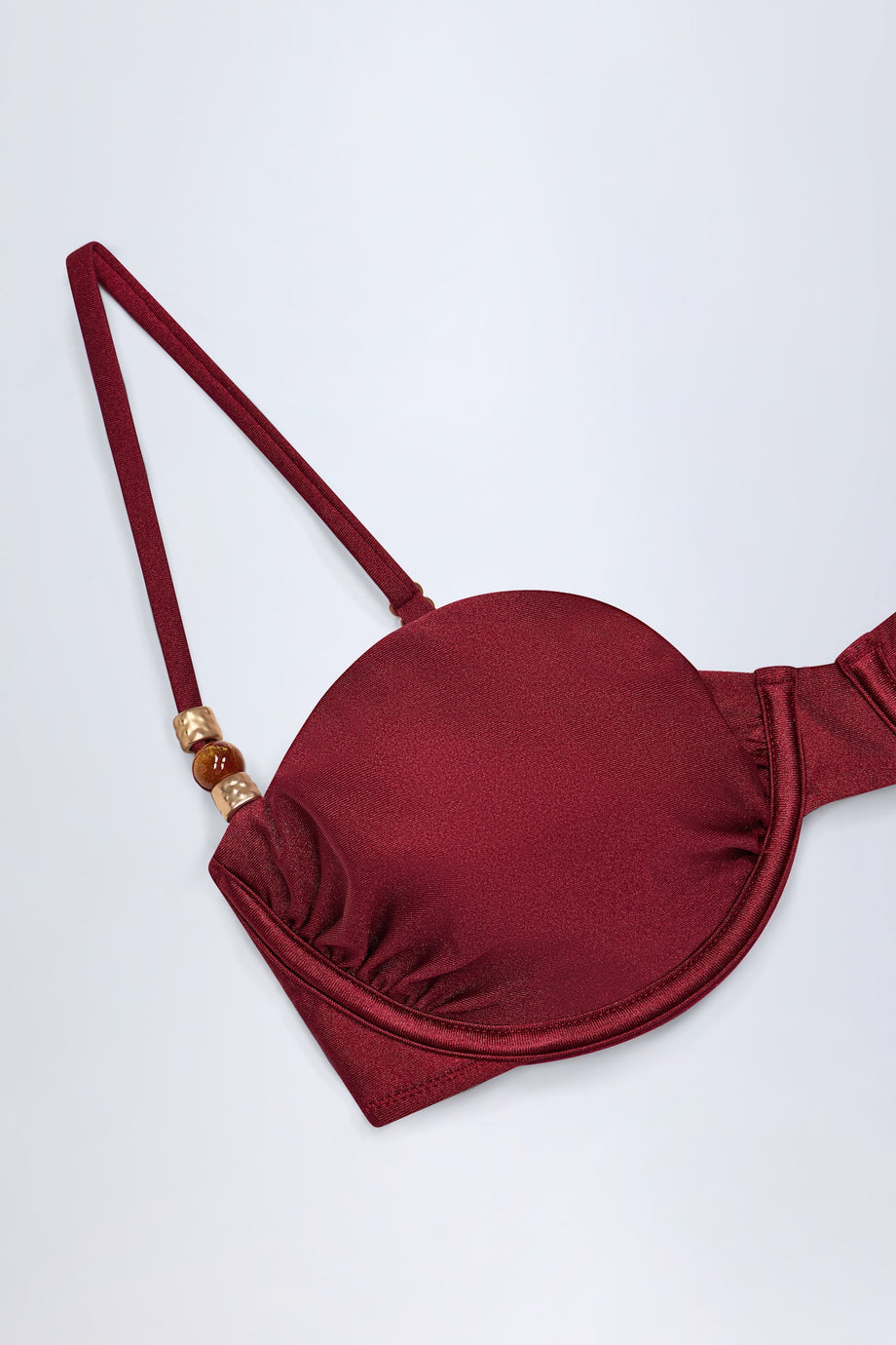 Bead-Embellished Ruched Underwired Bikini Top in Dark Cherry
