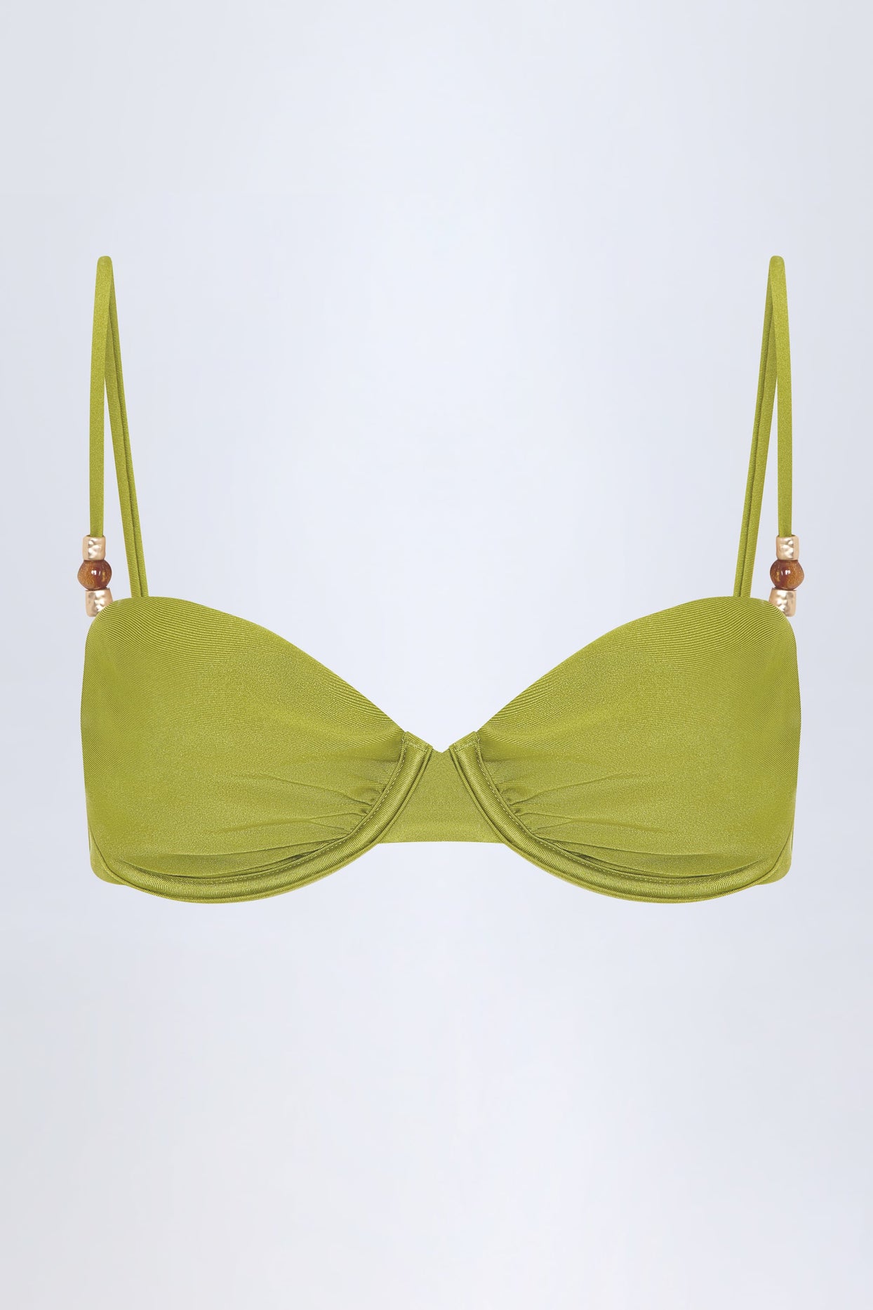 Bead-Embellished Ruched Underwired Bikini Top in Olive Green