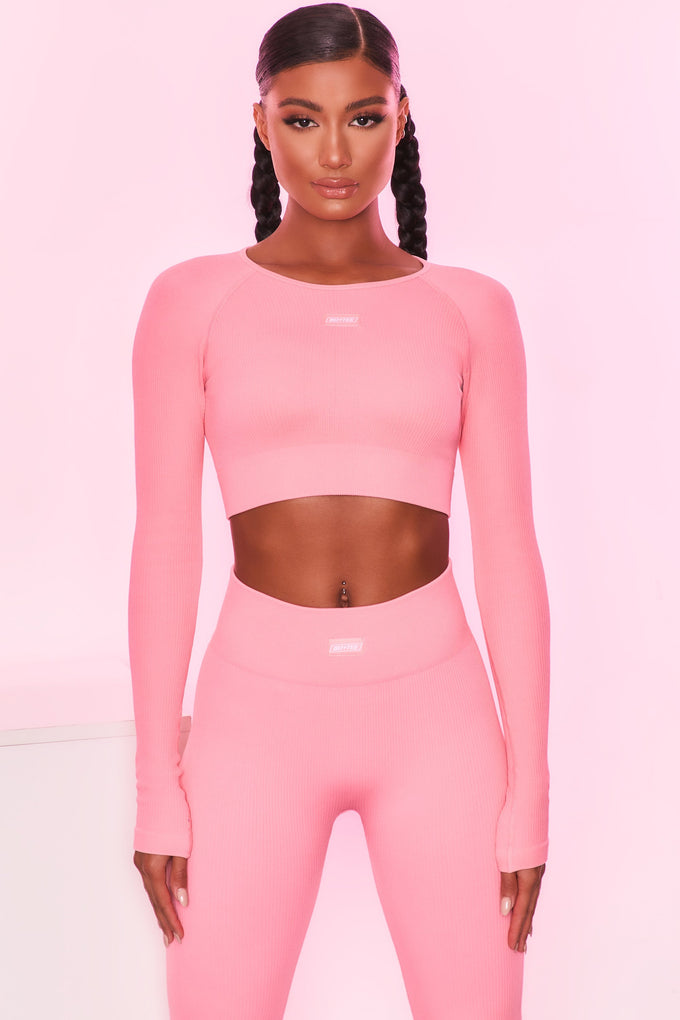 Express Yourself Ribbed Long Sleeve Crop Top in Coral