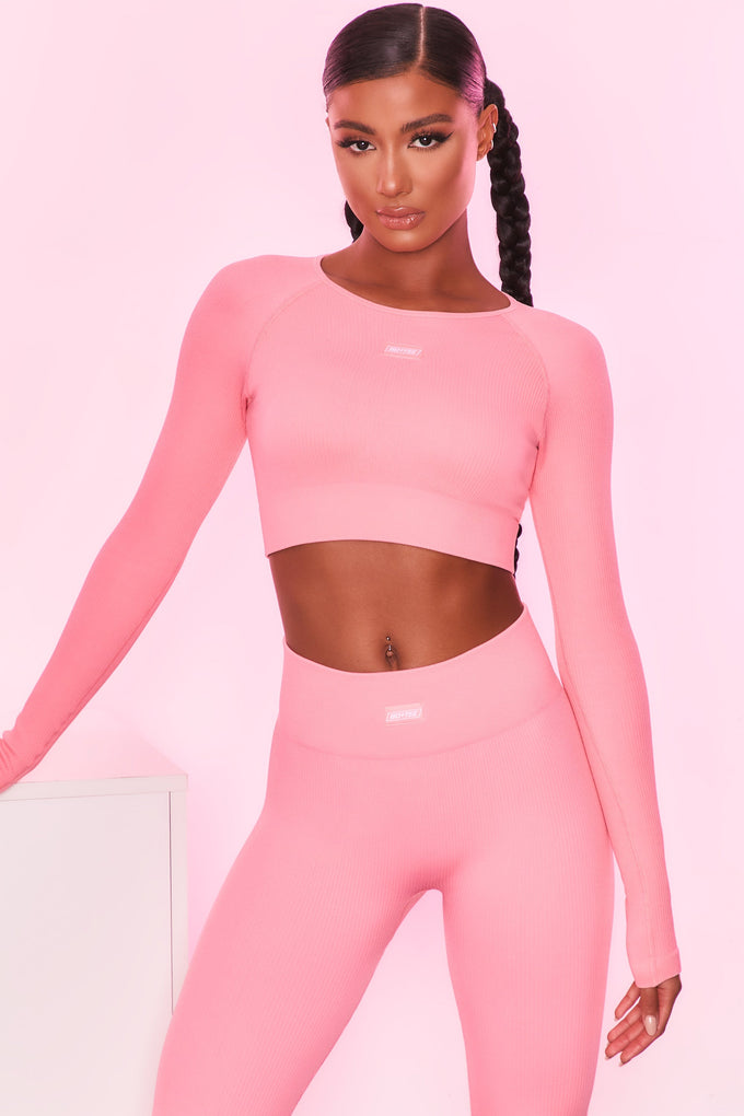 Express Yourself Ribbed Long Sleeve Crop Top in Coral