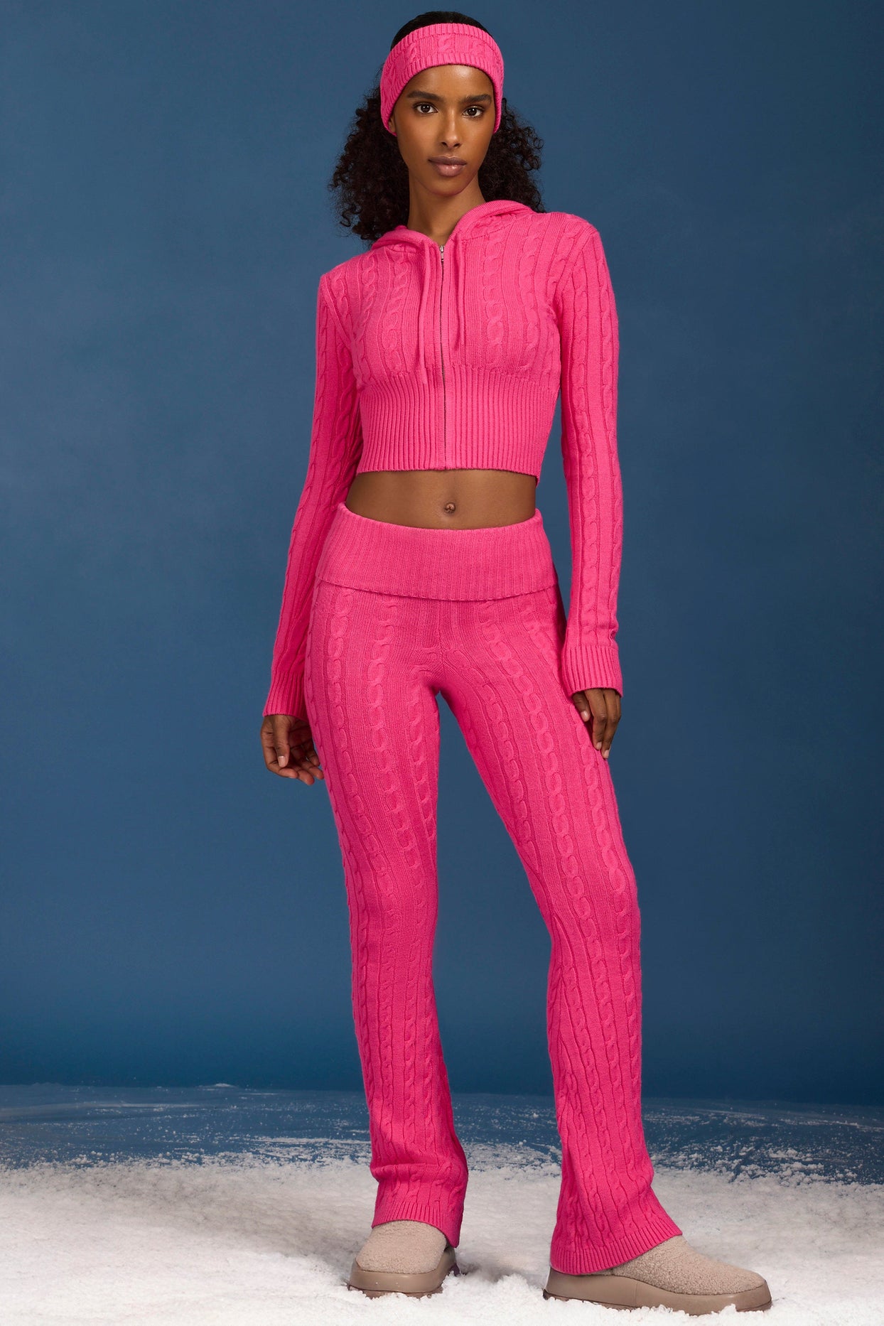 Cable-Knit Flared Trousers in Hot Pink