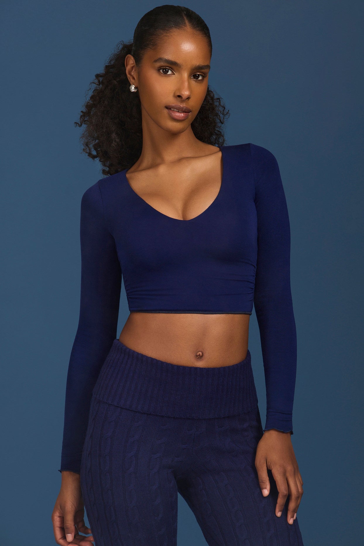 Ruched Long-Sleeve Crop Top in Navy