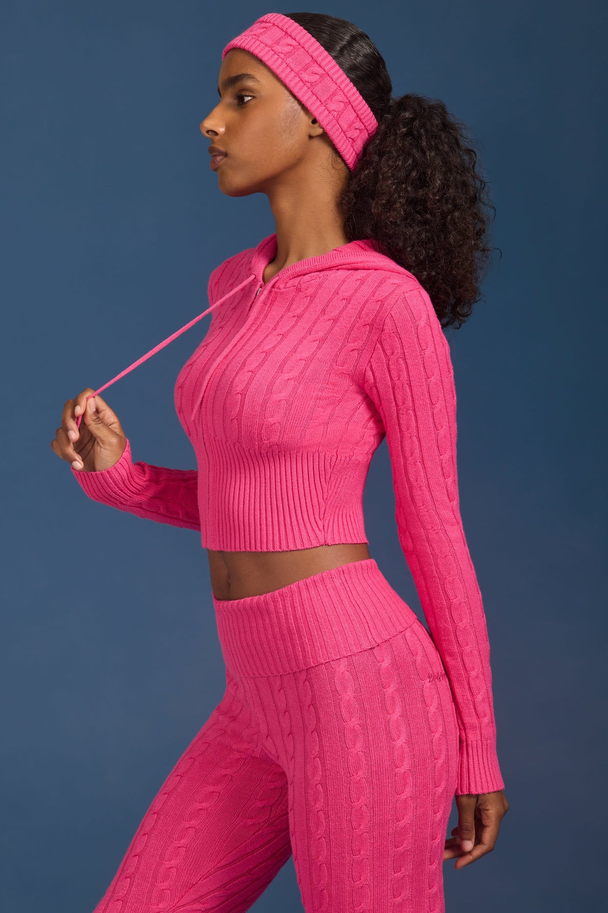 Cable-Knit Zip-Up Hoodie in Hot Pink