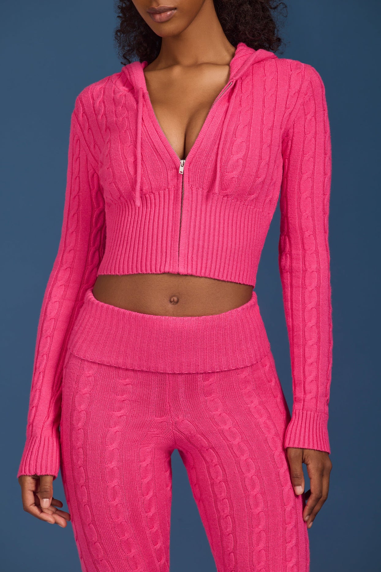 Cable-Knit Zip-Up Hoodie in Hot Pink