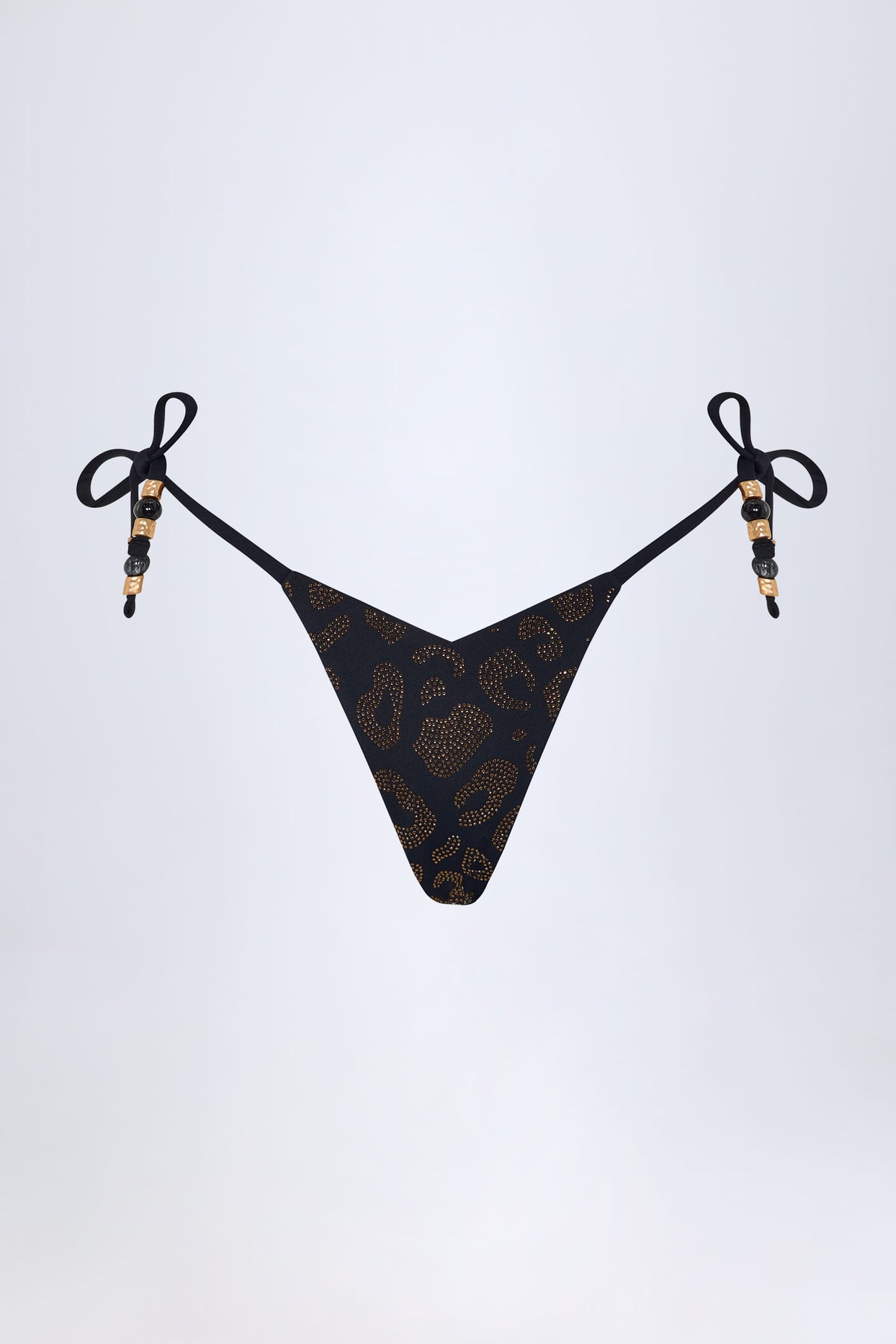 Charm-Detail Thong Bikini Bottoms in Black Leopard Hotfix