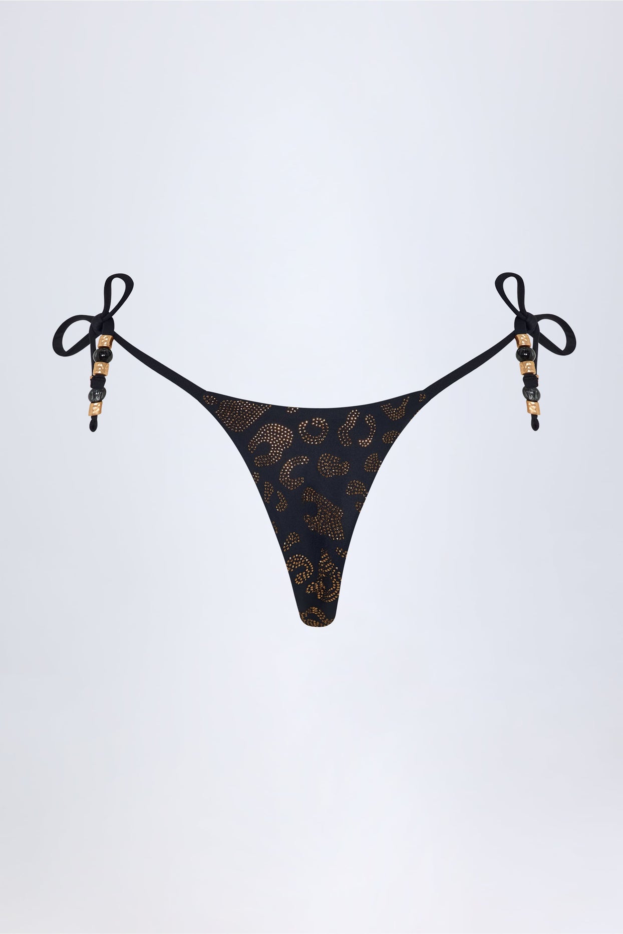 Charm-Detail Thong Bikini Bottoms in Black Leopard Hotfix