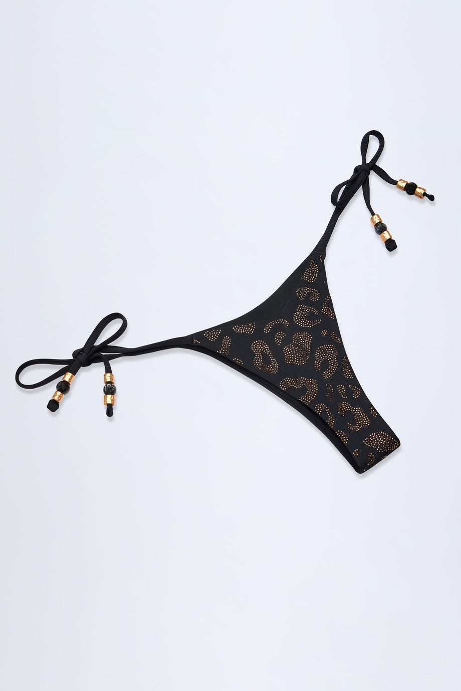 Charm-Detail Thong Bikini Bottoms in Black Leopard Hotfix