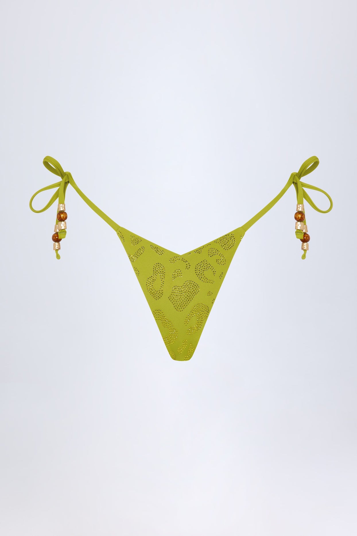 Charm-Detail Thong Bikini Bottoms in Olive Leopard Hotfix