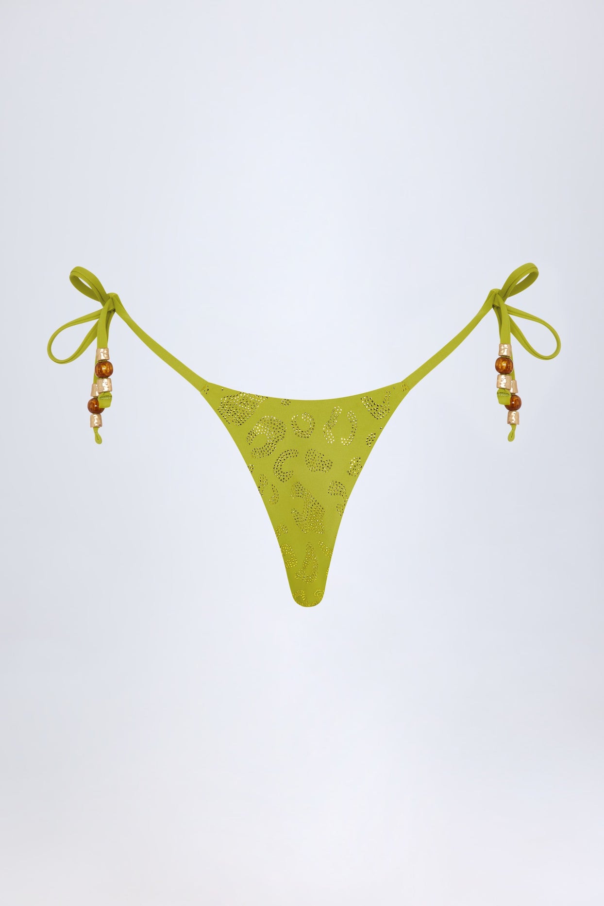 Charm-Detail Thong Bikini Bottoms in Olive Leopard Hotfix