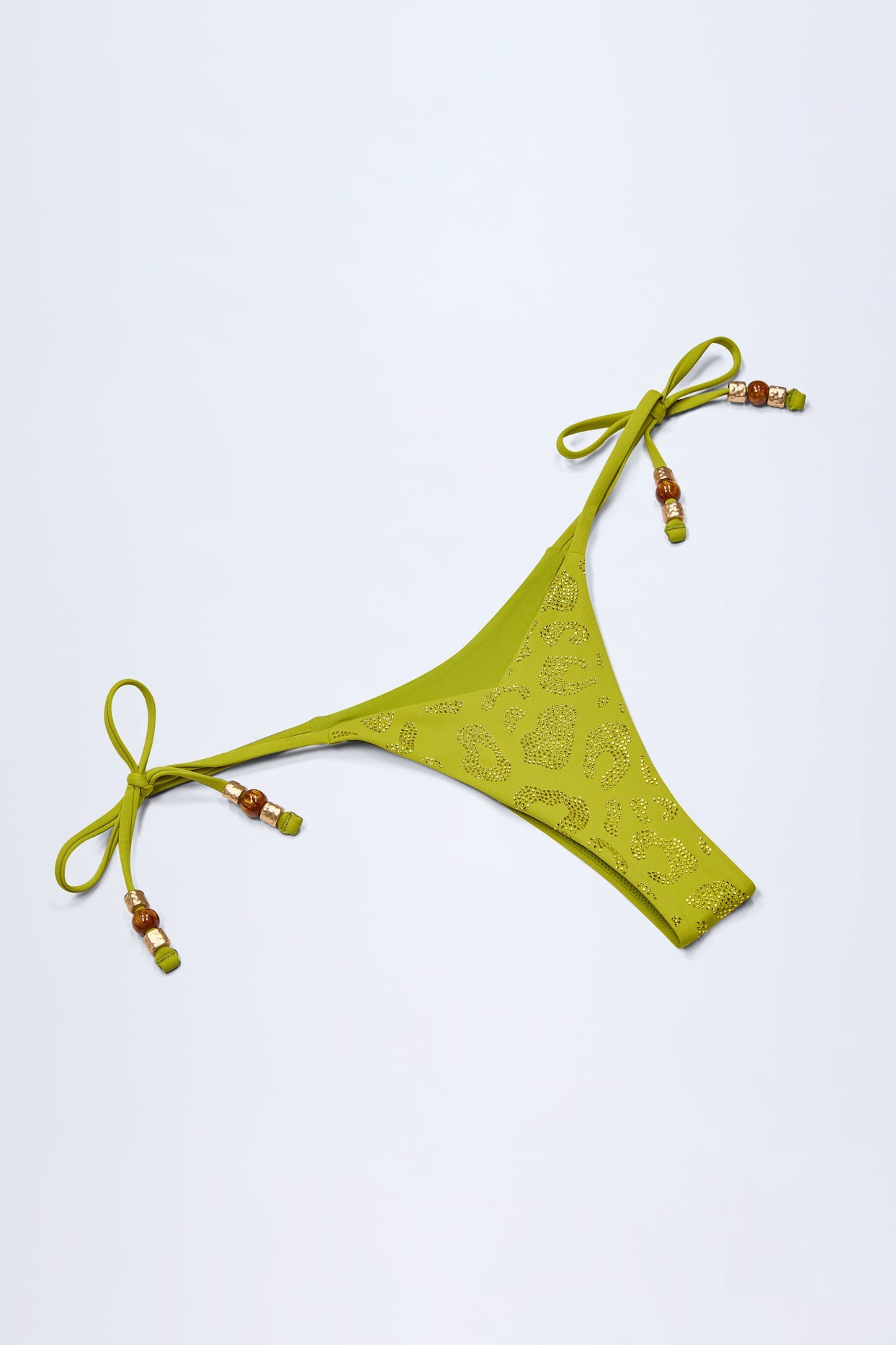 Charm-Detail Thong Bikini Bottoms in Olive Leopard Hotfix