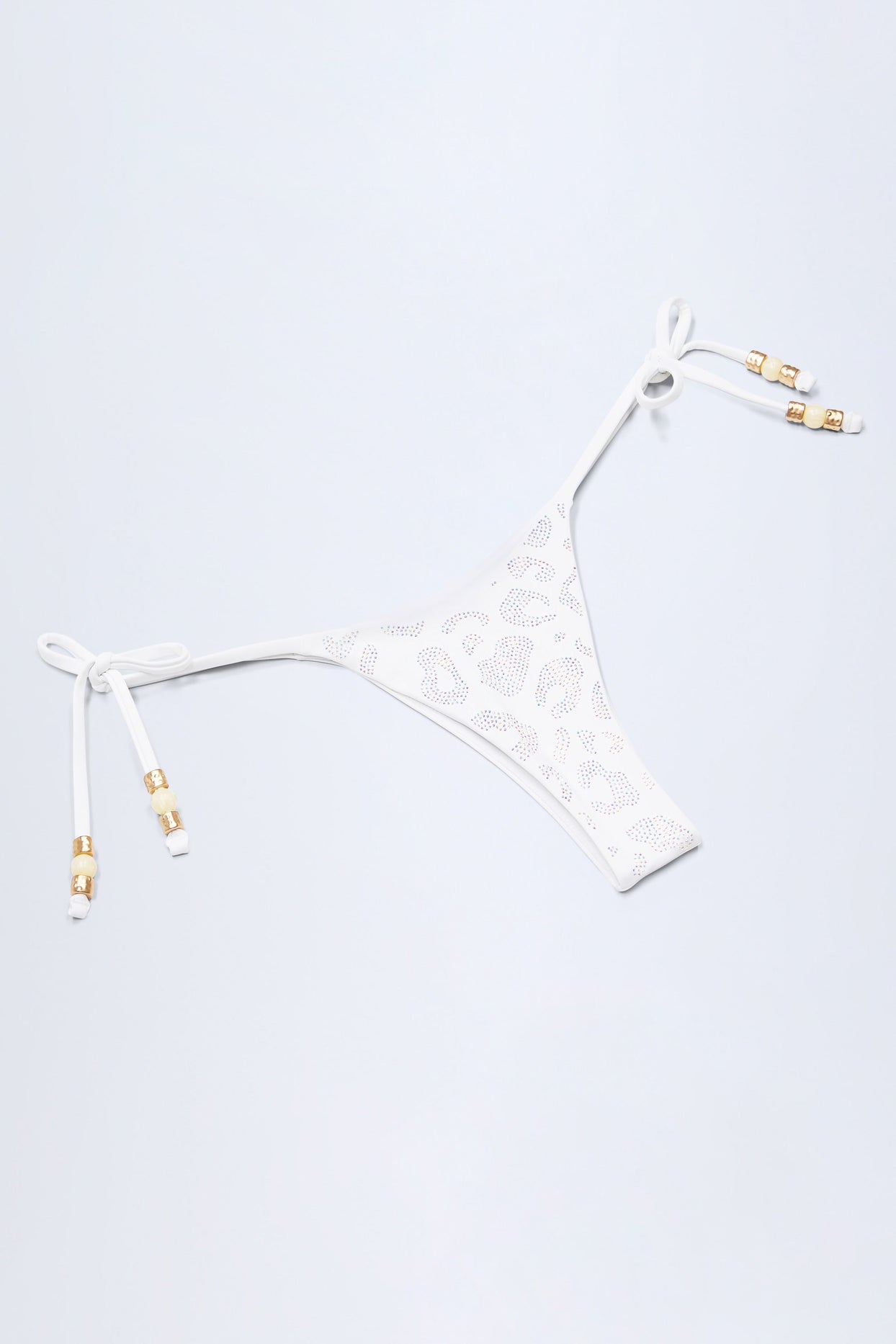 Charm-Detail Thong Bikini Bottoms in White Leopard Hotfix