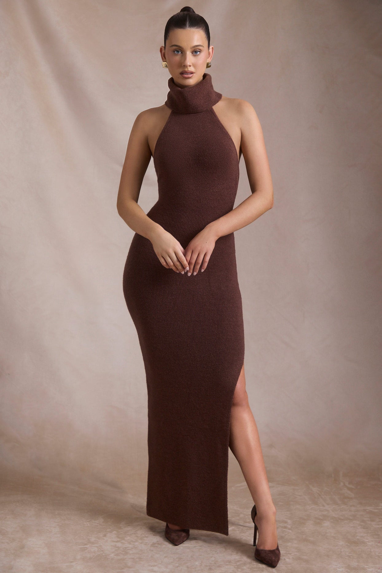 Ribbed-Knit Turtleneck Backless Maxi Dress in Espresso