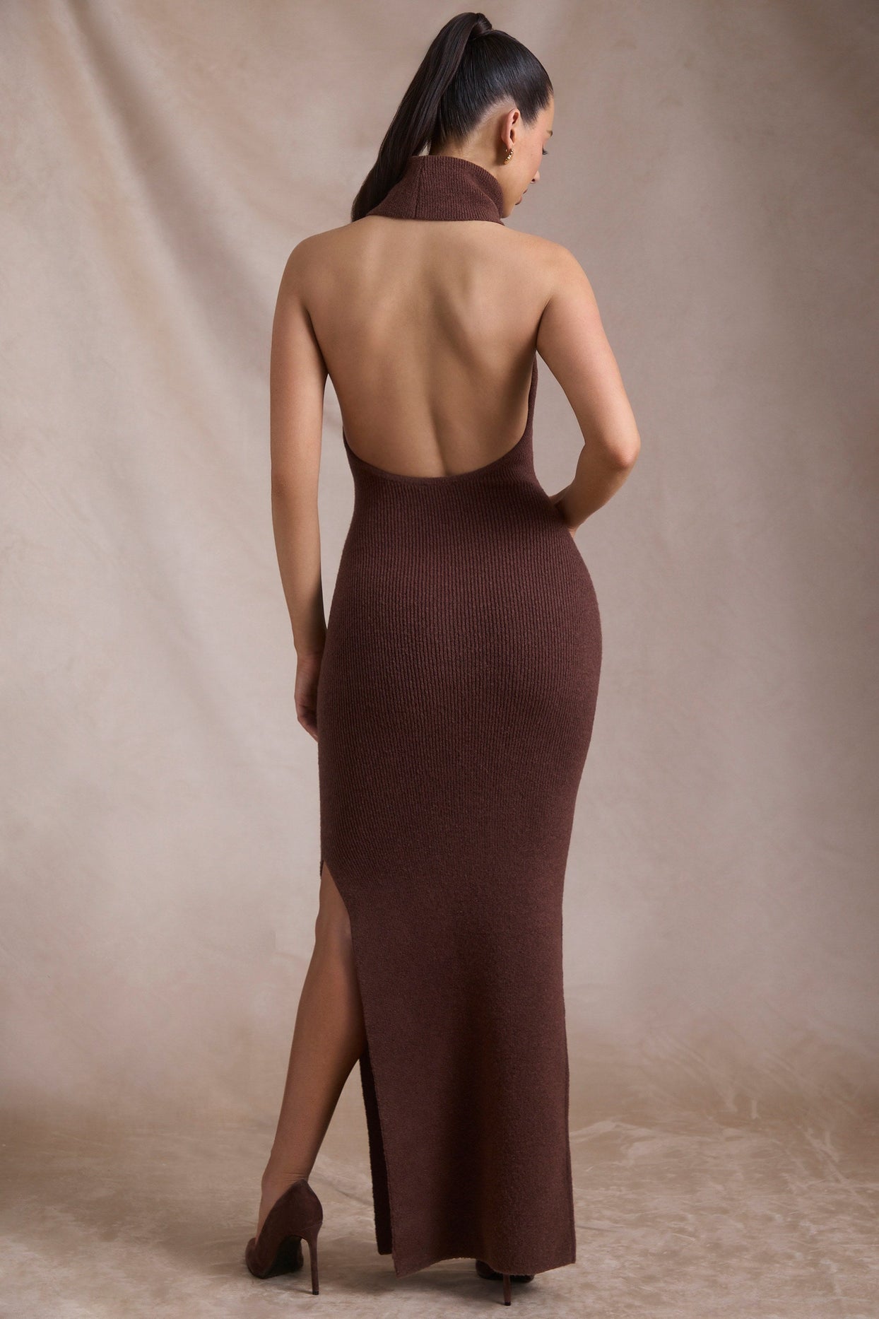 Ribbed-Knit Turtleneck Backless Maxi Dress in Espresso